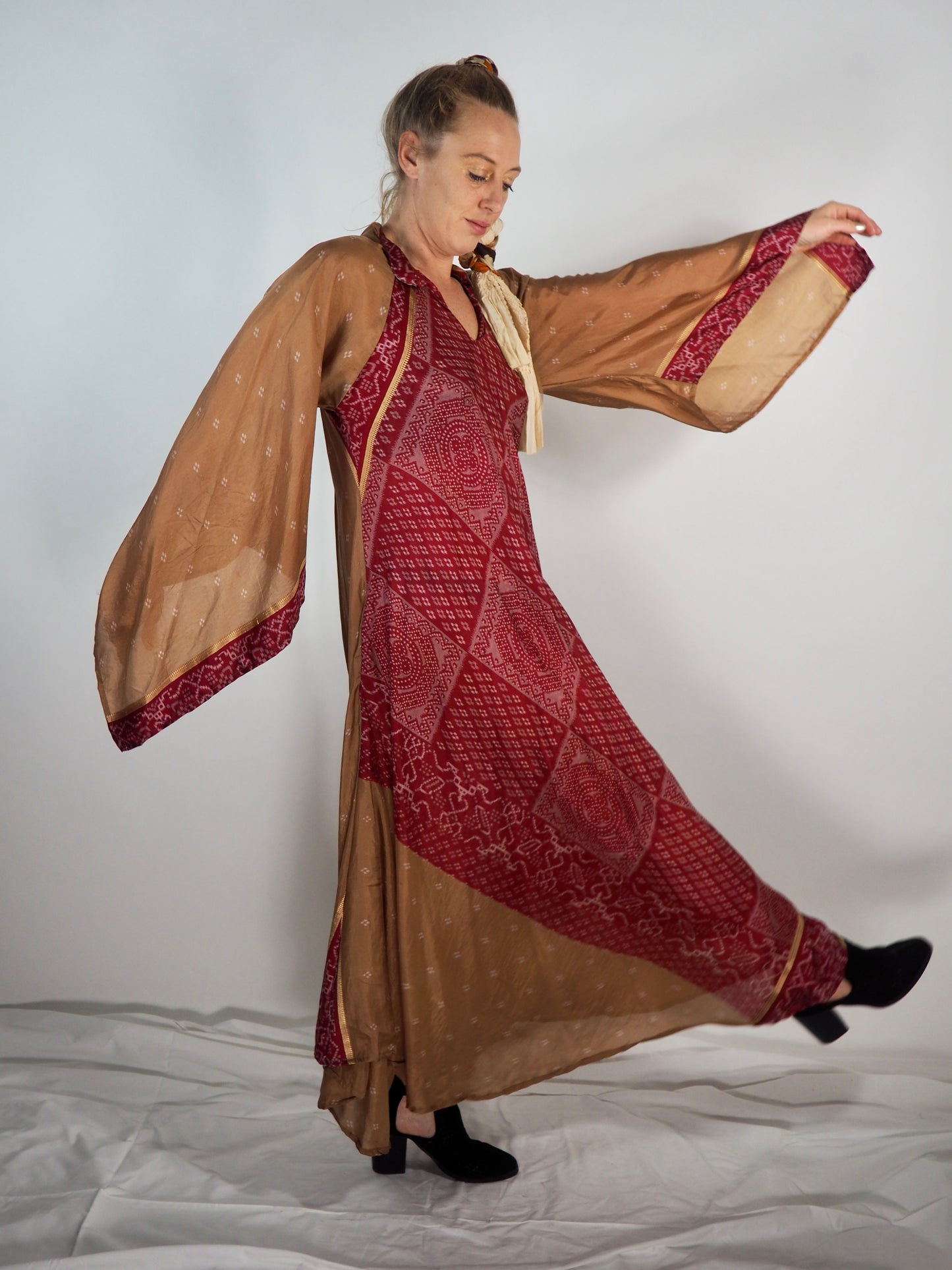 The Diamond Bias-Cut Maxi Dress – Up-cycled Vintage Sari Sustainable Dress with angel Sleeves + Matching Scrunchy & Bag