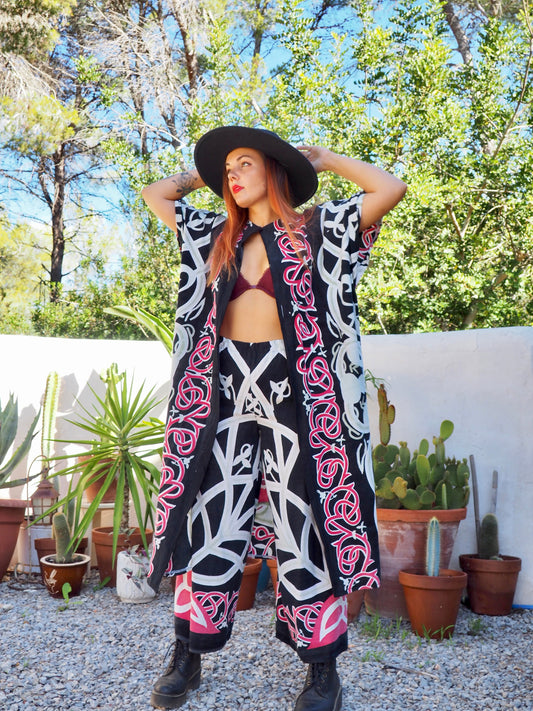 Long oversized waistcoat jacket up-cycled by Vagabond Ibiza from screen printed cotton textiles super cool.