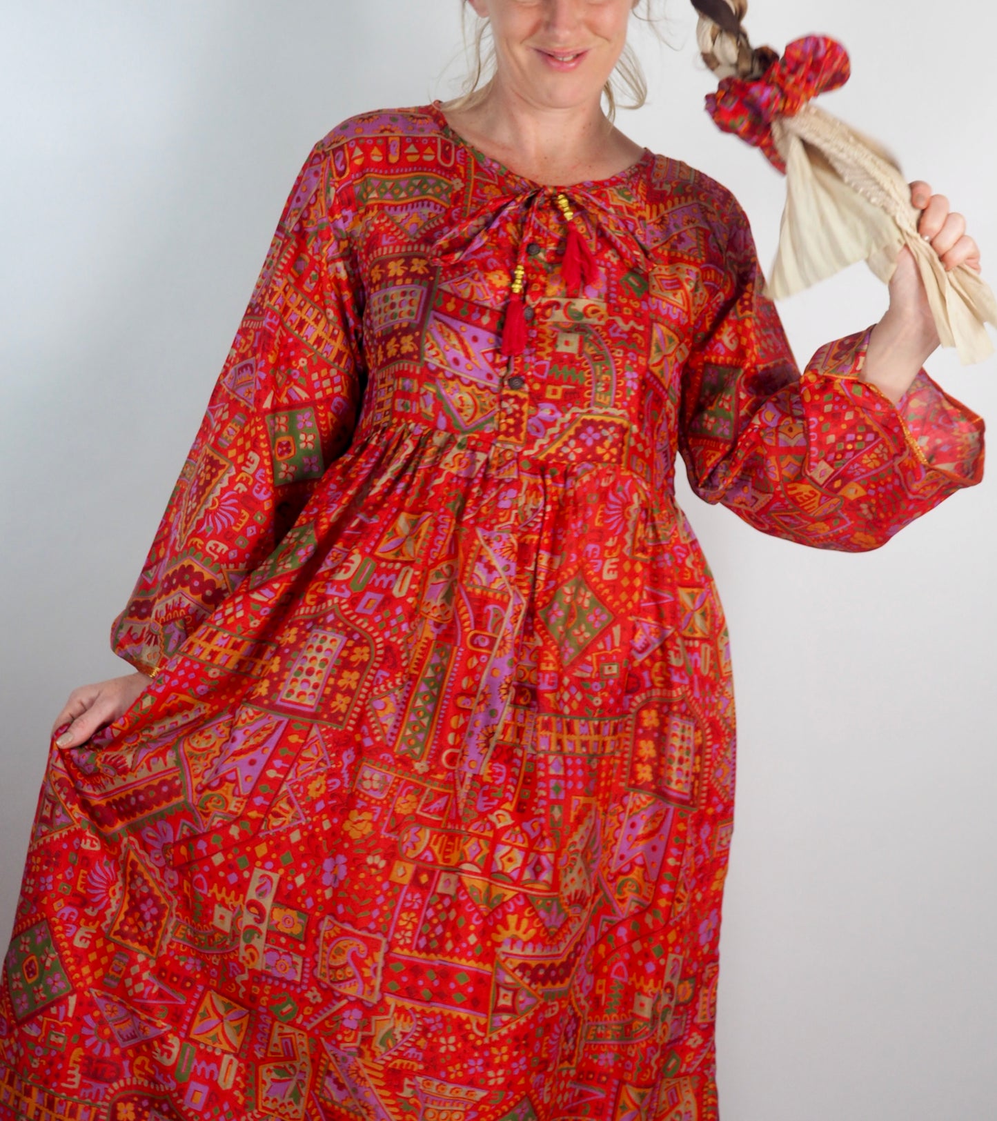 The Vadella Up-cycled Vintage Re-cycled Sari Maxi Dress – Sustainable Boho Dress with Tie Neck Detail + Matching Scrunchy & Bag