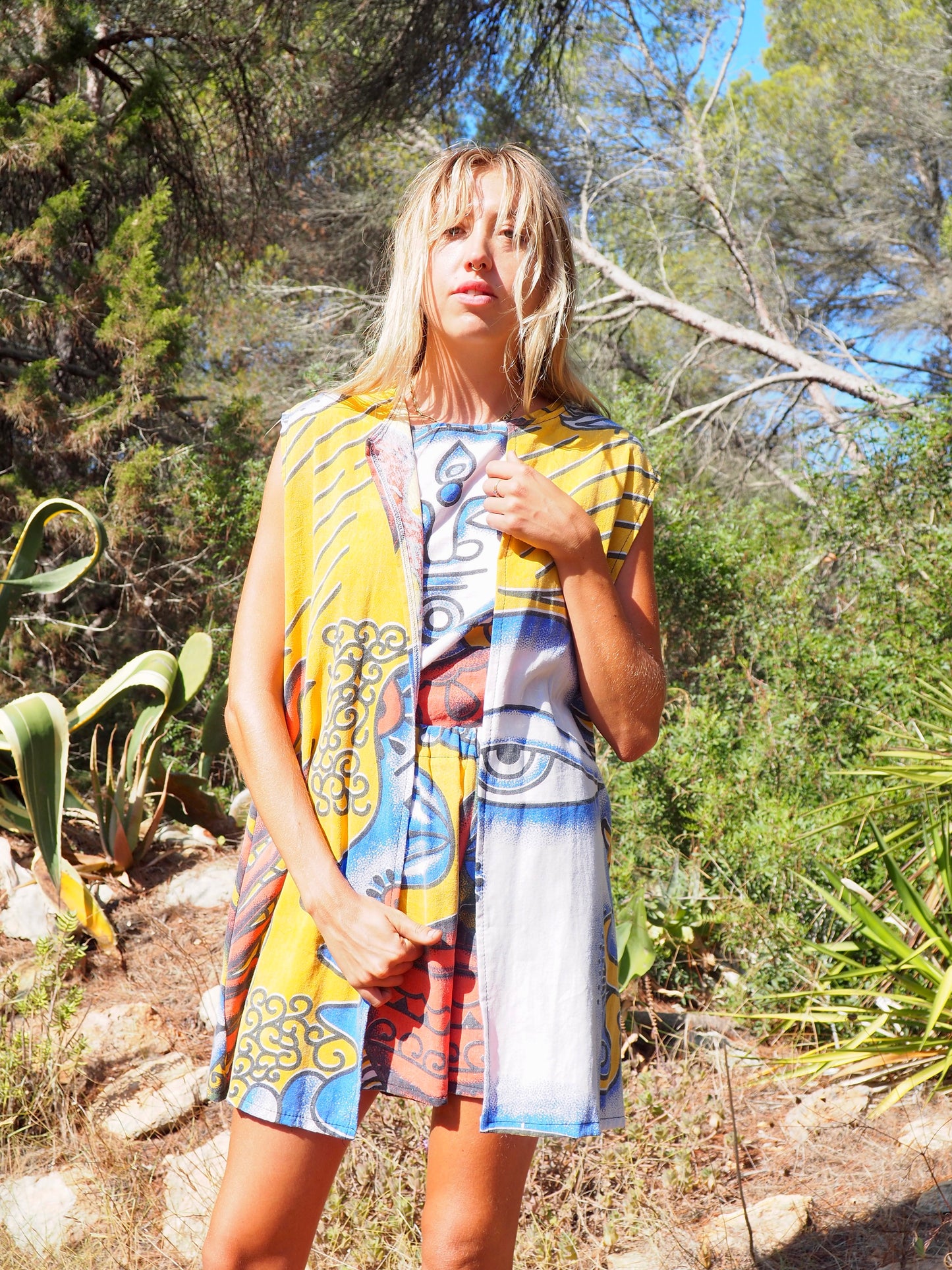 Up-cycled cotton funky bright colourful printed long waistcoat by Vagabond Ibiza