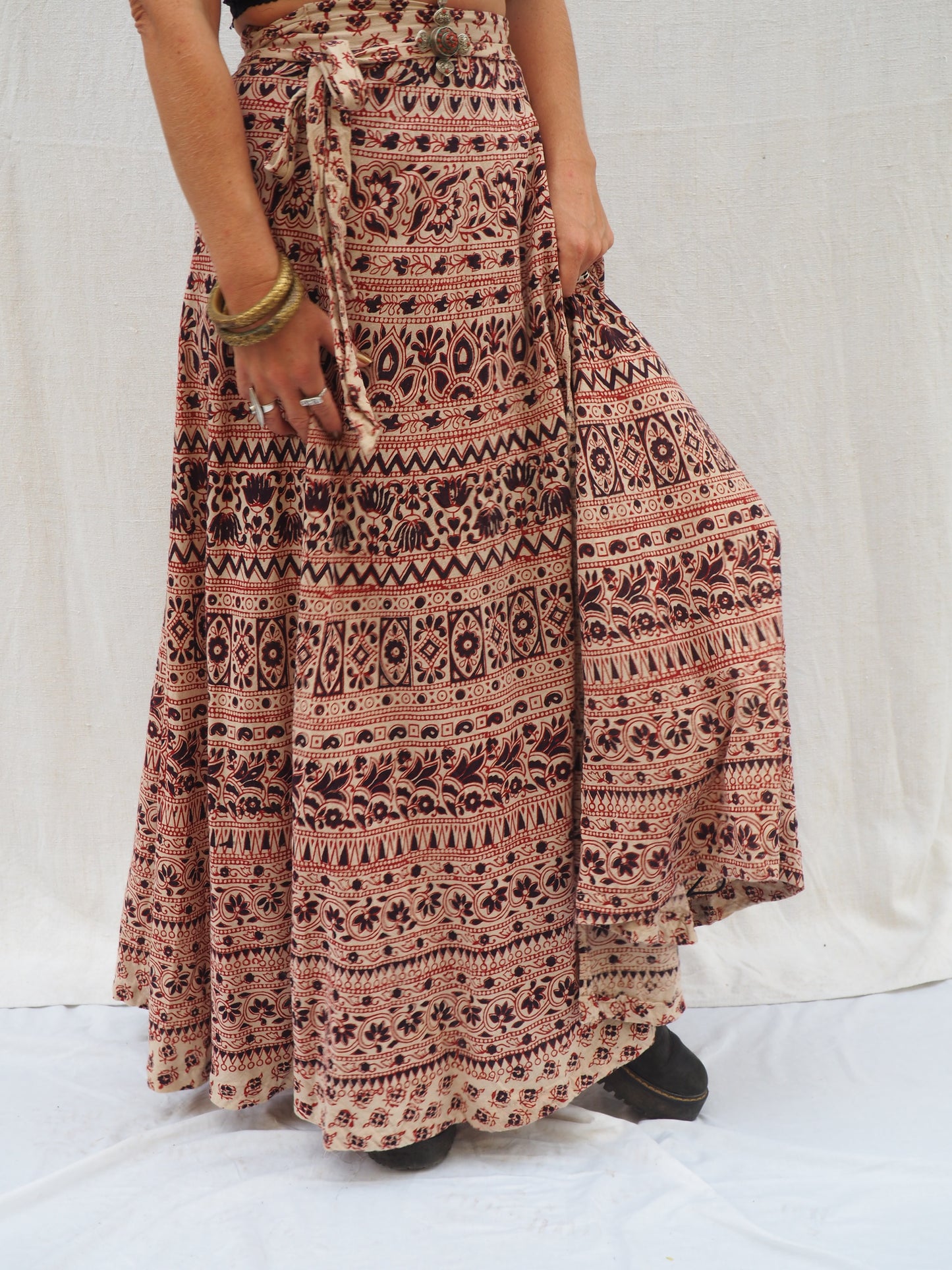 Vintage 1970s Indian Cotton Block Printed Wrap Skirt