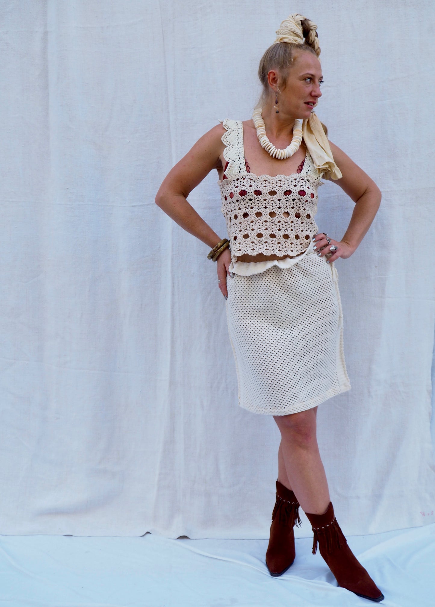 Up-cycled Vintage 1970s Crochet Skirt with Drawstring Waist – Handmade by Vagabond Ibiza