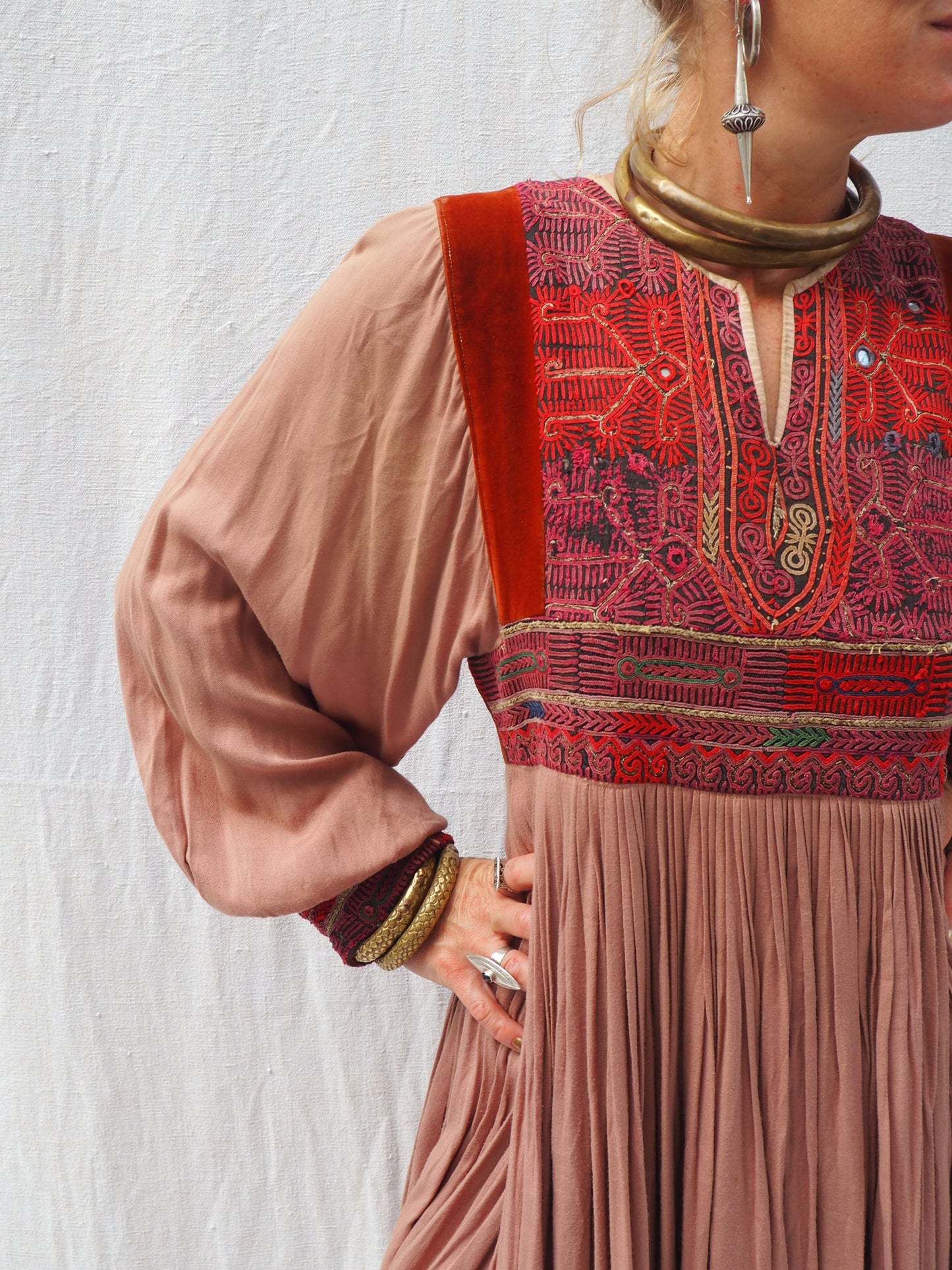 Vintage 1970s Afghan Dress with Hand Embroidery and Suede Panels