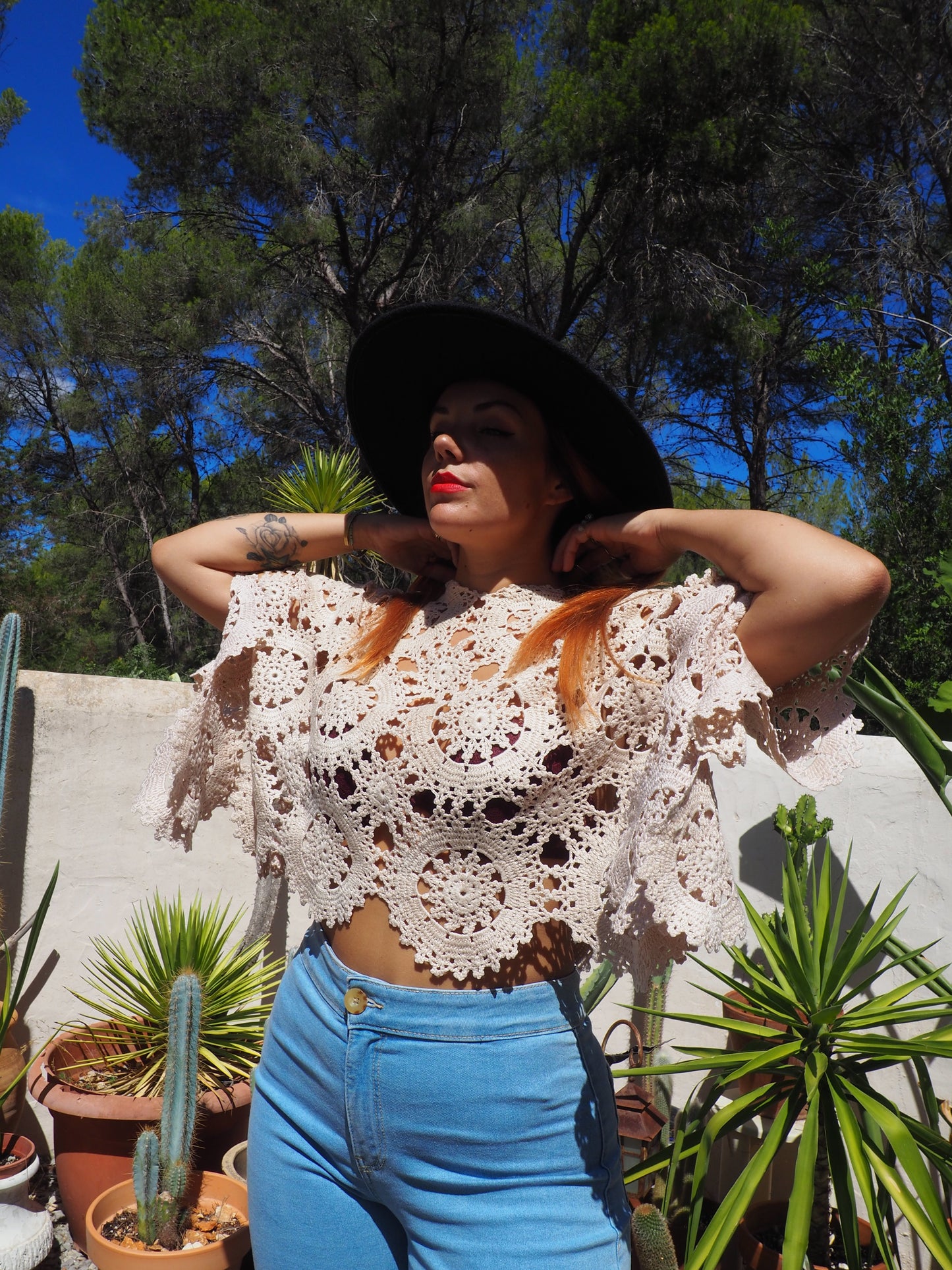 Vintage cream silk crochet top up-cycled by Vagabond Ibiza