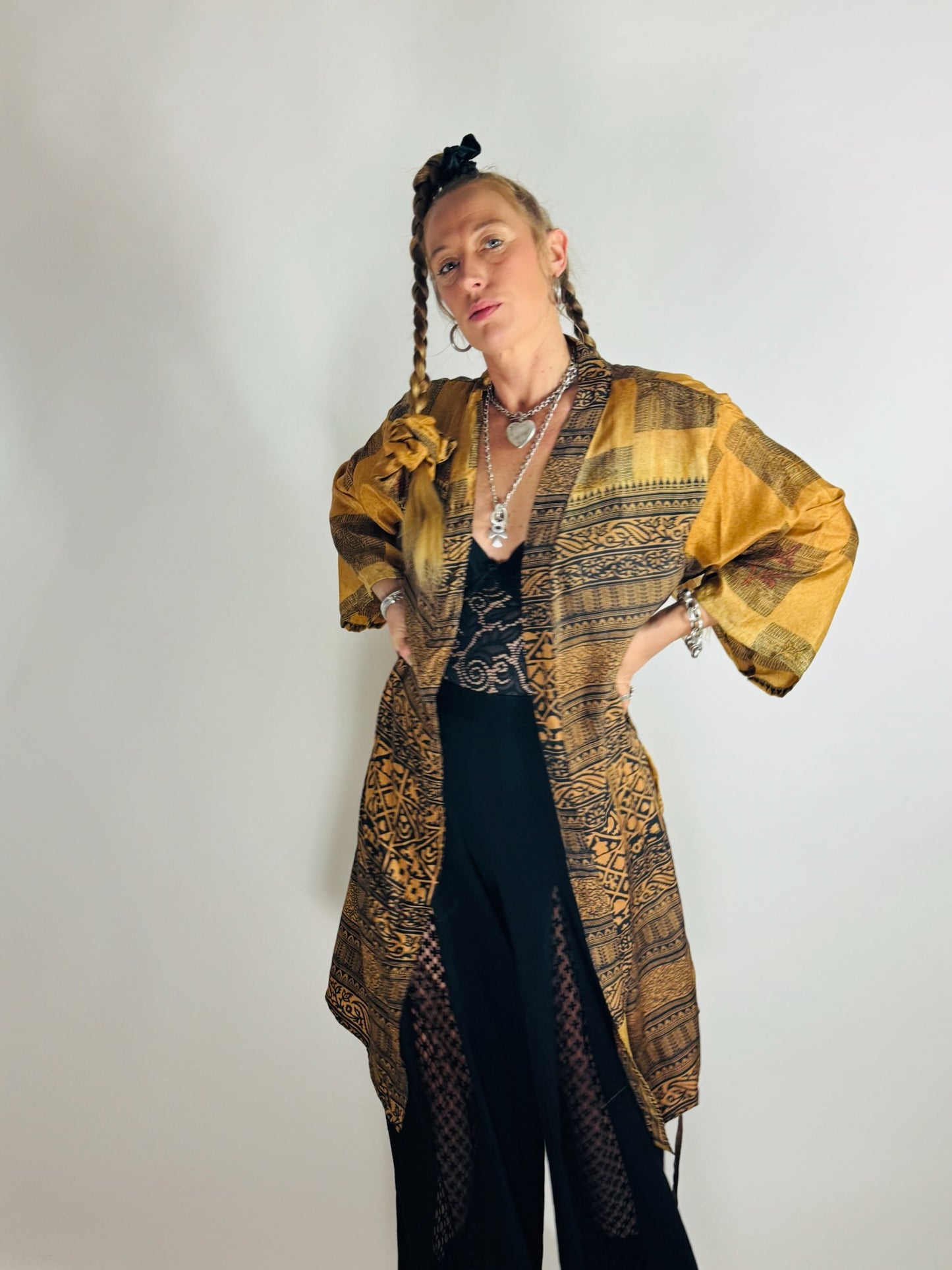 The Kardash Medium-Length Kimono – Up-cycled Vintage Sari Kimono Jacket with Waist Tie + Matching Scrunchy & Storage Bag