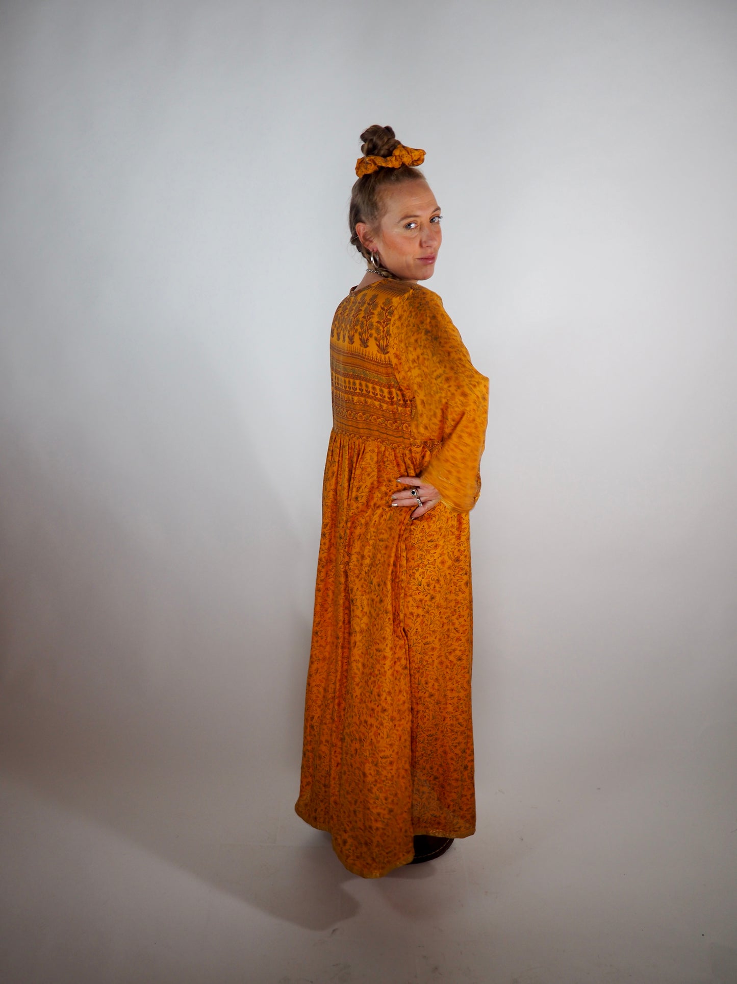 The Vadella Up-cycled Vintage Re-cycled Sari Maxi Dress – Sustainable Boho Dress with Tie Neck Detail + Matching Scrunchy & Bag