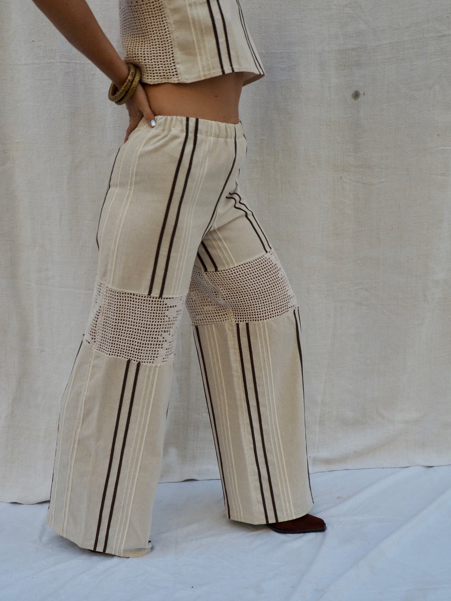 Up-cycled Vintage Linen & Crochet Patchwork Pants – Handmade by Vagabond Ibiza