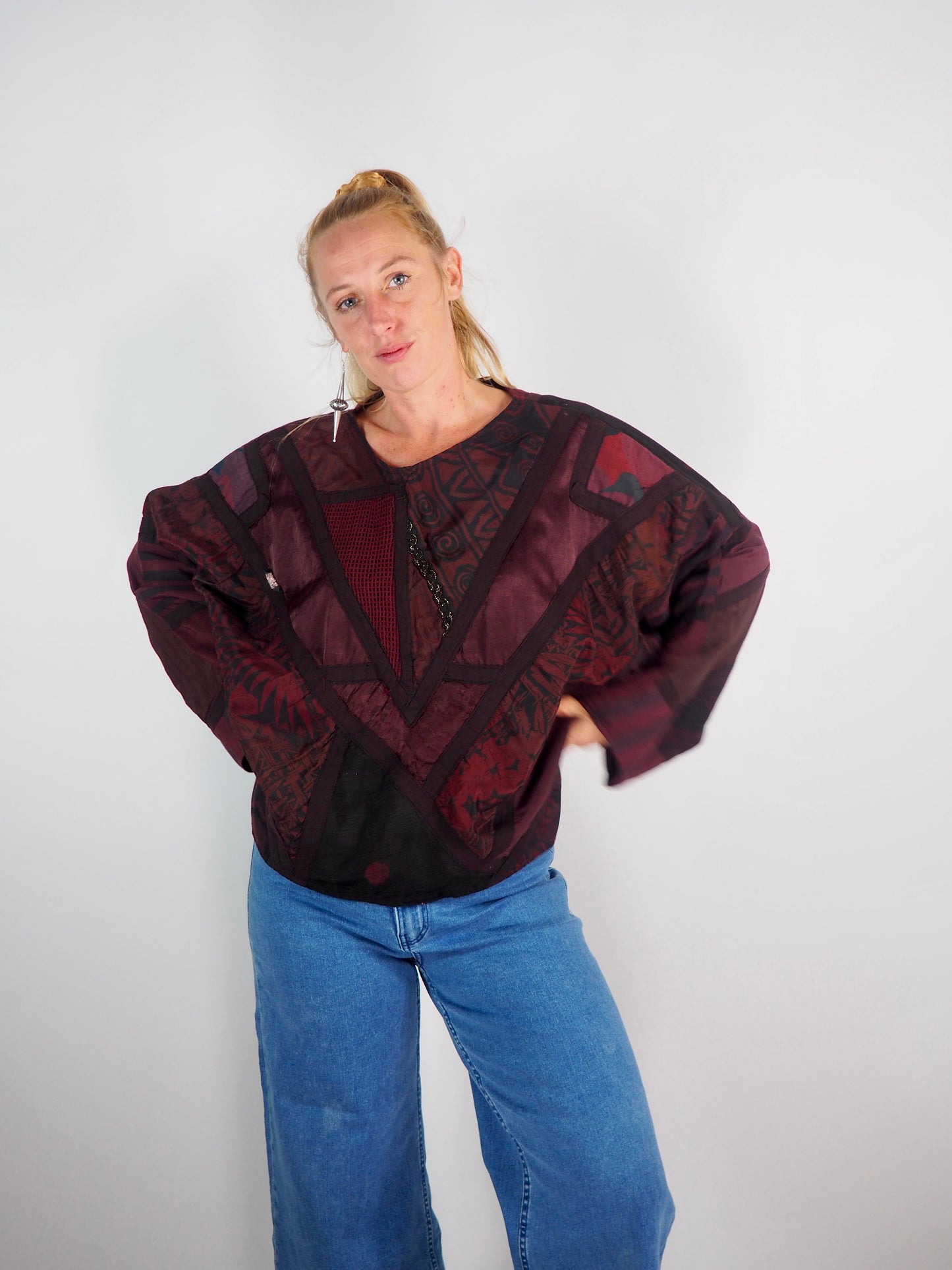 Vintage 1980s Quilted Patchwork Jumper – Deep Red