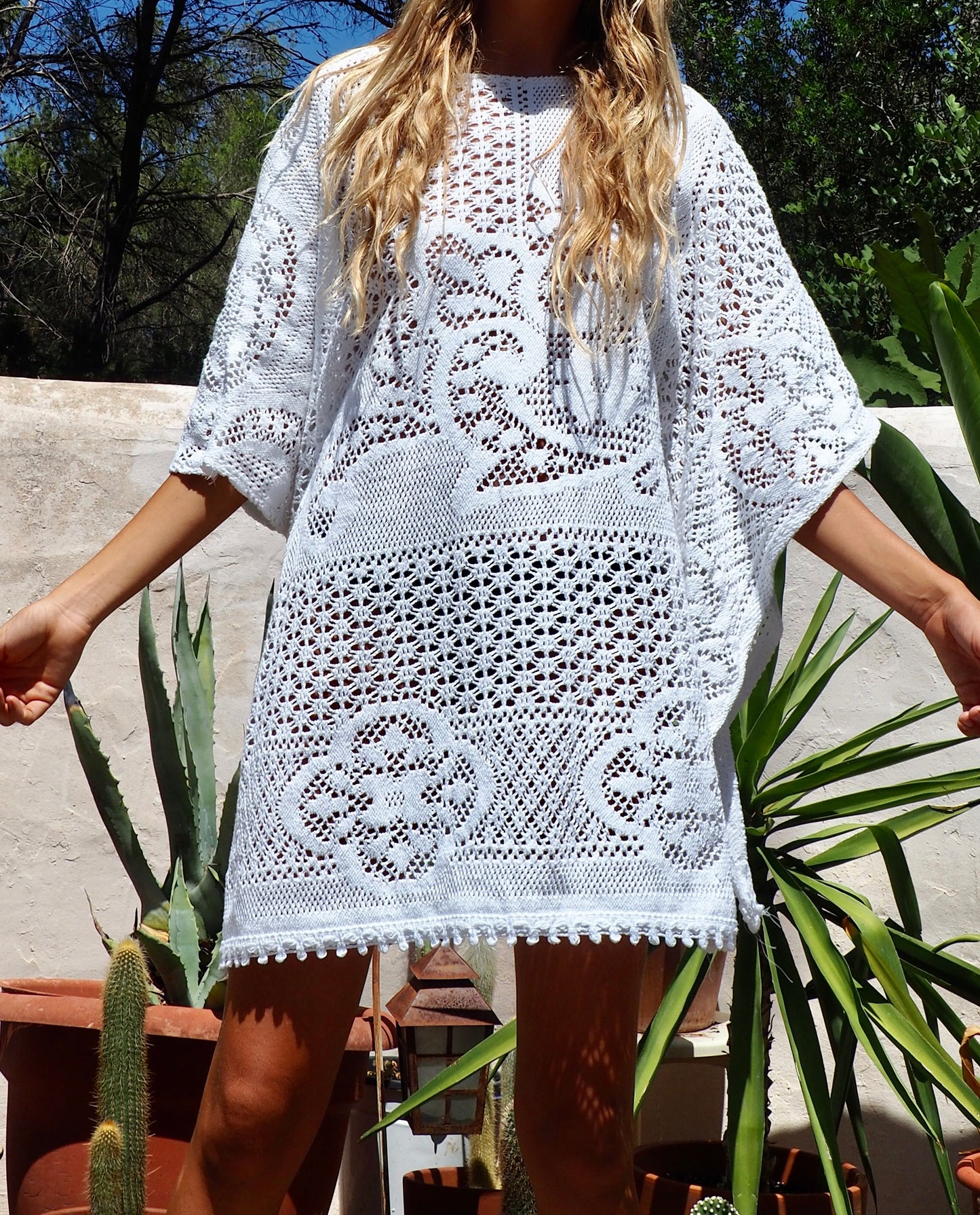 White vintage crochet bell sleeve shirt dress up-cycled by Vagabond Ibiza made in our atelier in Ibiza