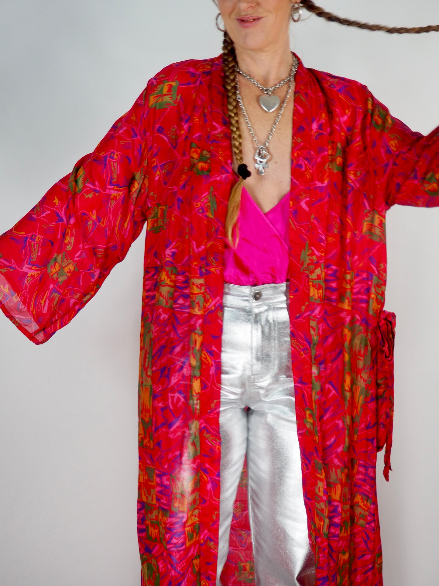 The Kardash Long Kimono – Up-cycled Vintage Sari long Kimono Robe with Waist Tie + Matching Scrunchy & Storage Bag