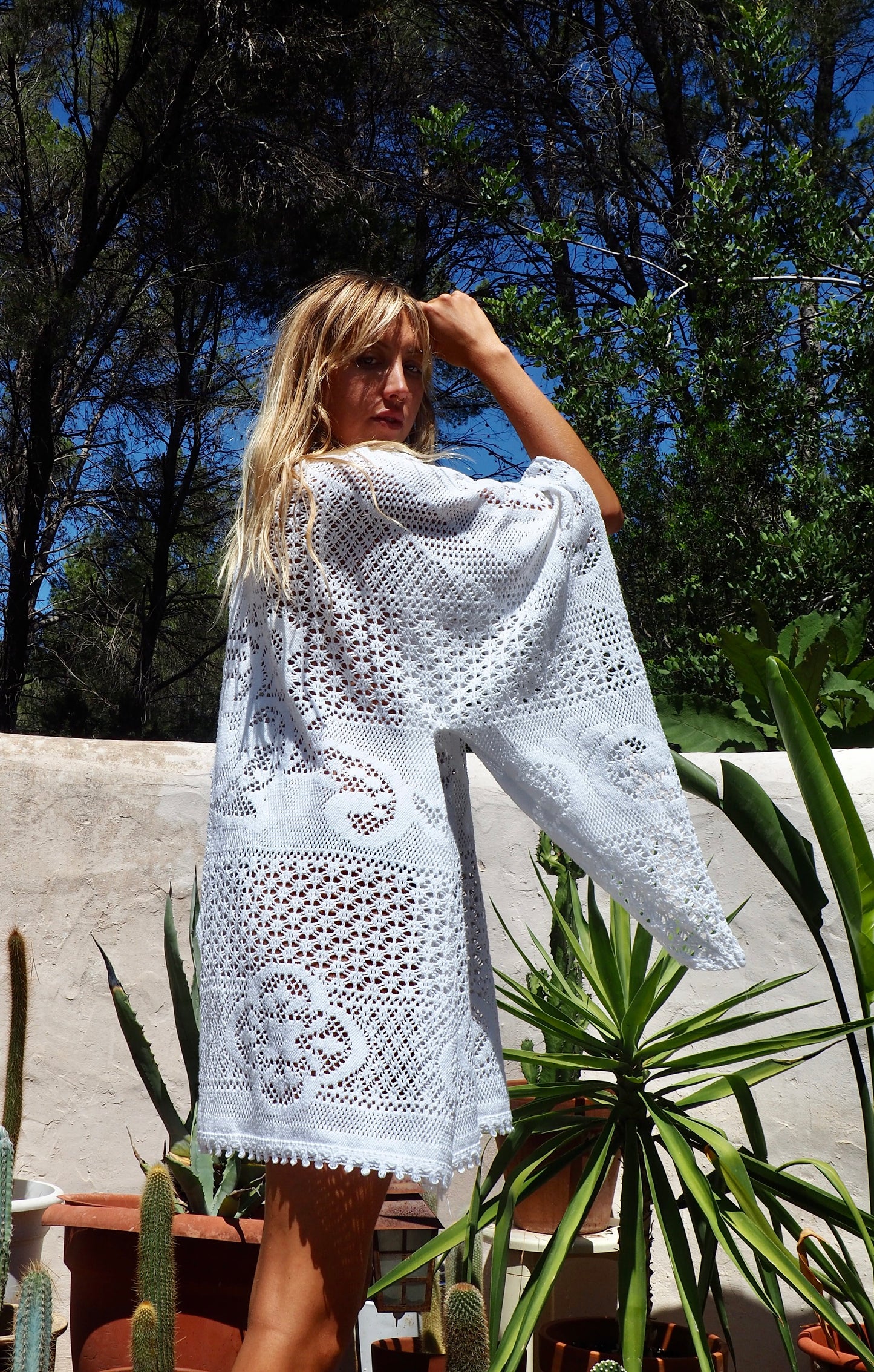 White vintage crochet bell sleeve shirt dress up-cycled by Vagabond Ibiza made in our atelier in Ibiza