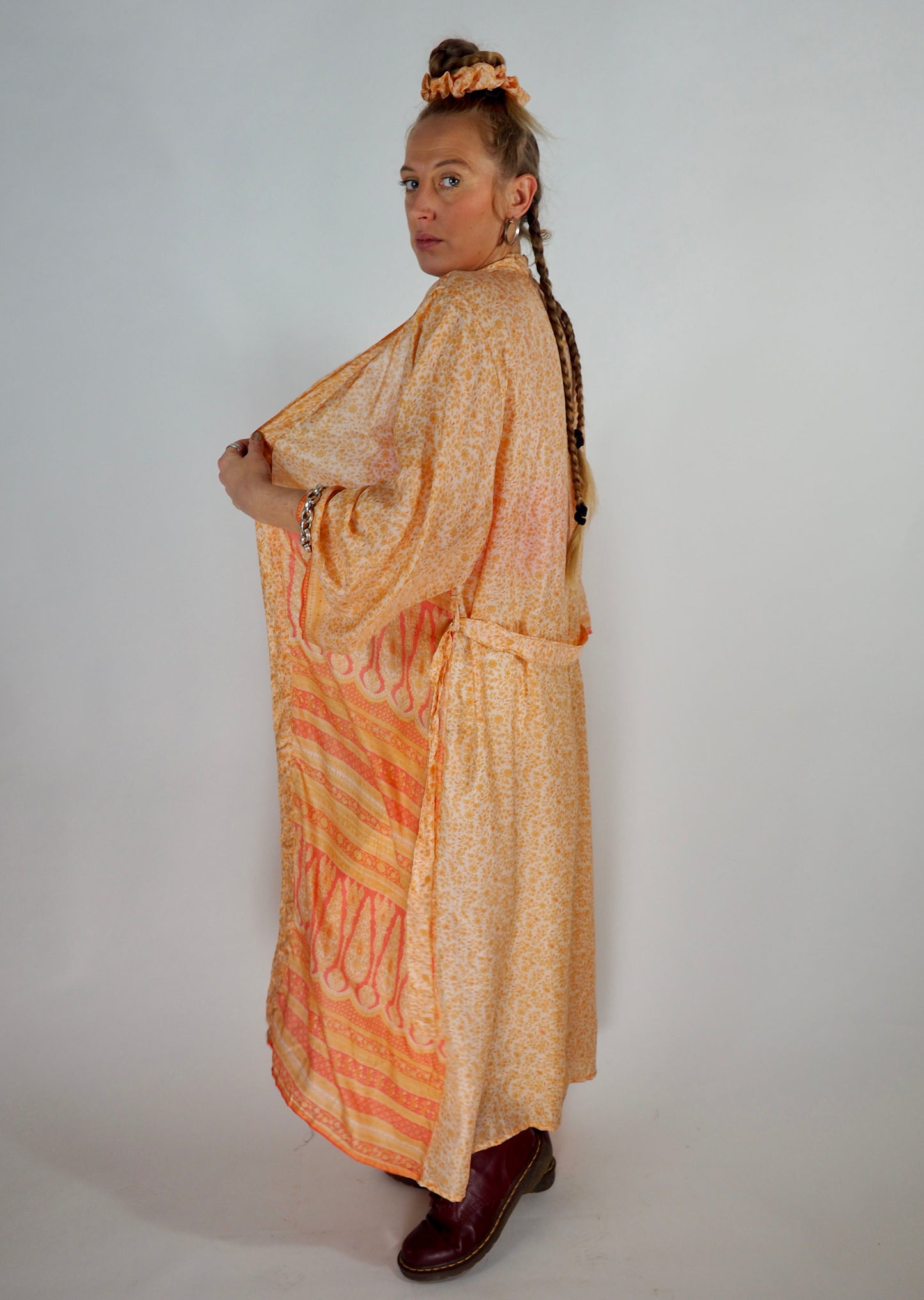 The Kardash Long Kimono – Up-cycled Vintage Sari long Kimono Robe with Waist Tie + Matching Scrunchy & Storage Bag