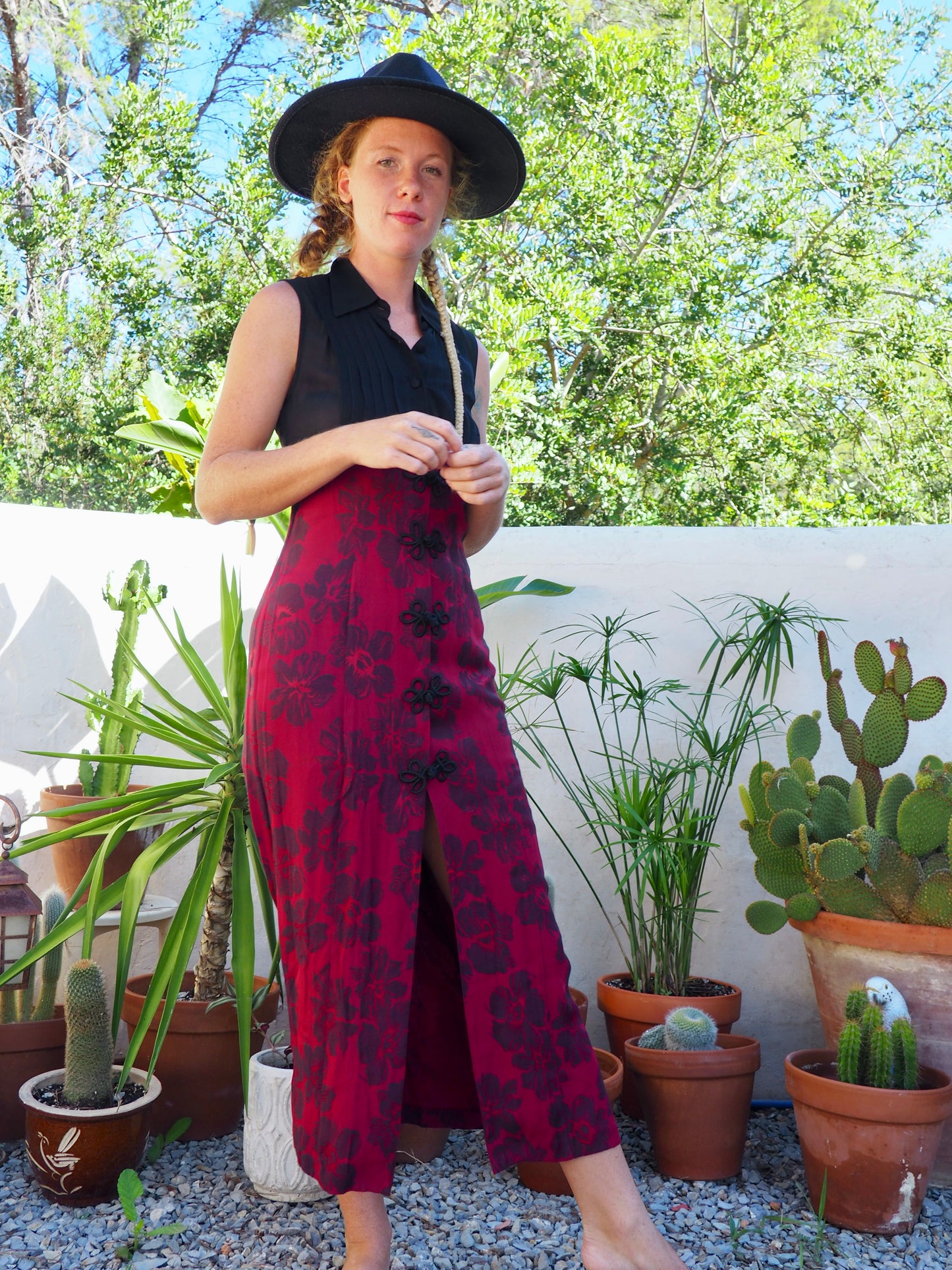 Vintage Chinese printed red and black dress super cool big button fastening details