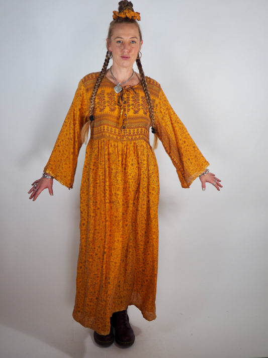 The Vadella Up-cycled Vintage Re-cycled Sari Maxi Dress – Sustainable Boho Dress with Tie Neck Detail + Matching Scrunchy & Bag