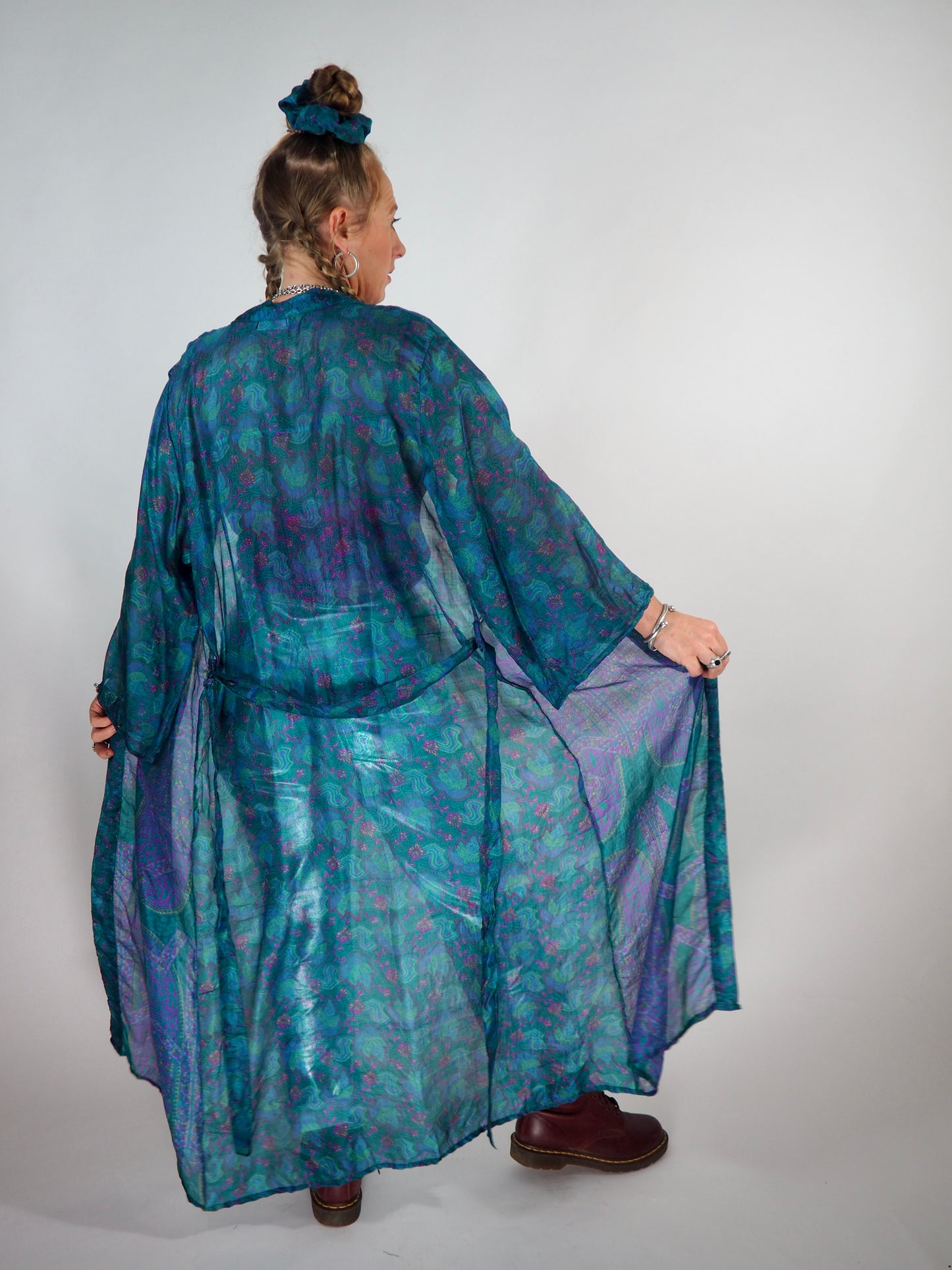 The Kardash Long Kimono – Up-cycled Vintage Sari long Kimono Robe with Waist Tie + Matching Scrunchy & Storage Bag