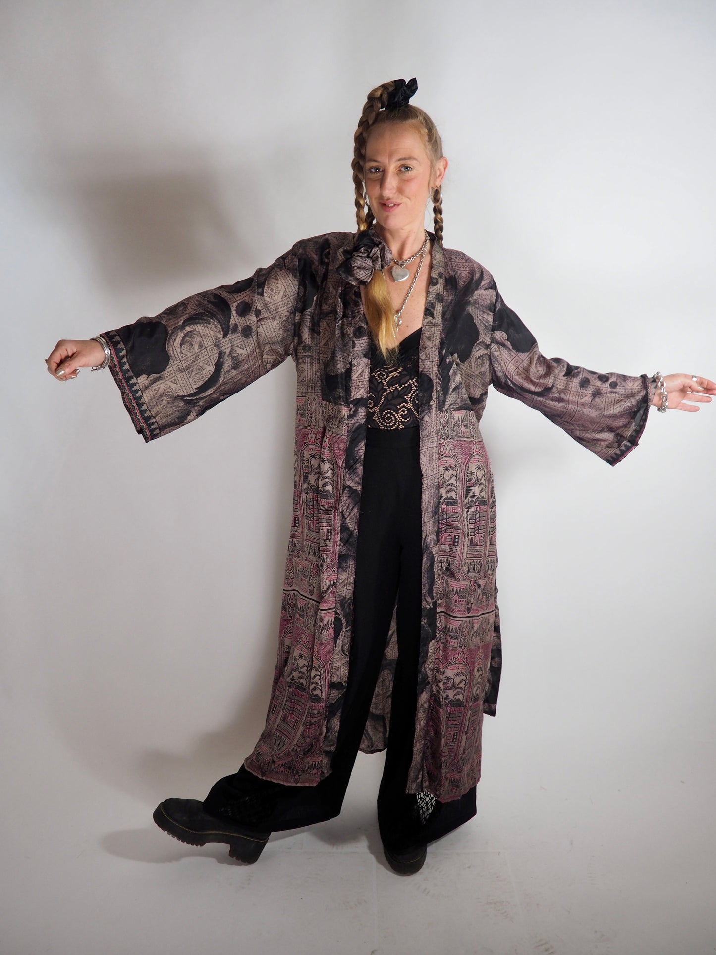 The Kardash Long Kimono – Up-cycled Vintage Sari long Kimono Robe with Waist Tie + Matching Scrunchy & Storage Bag