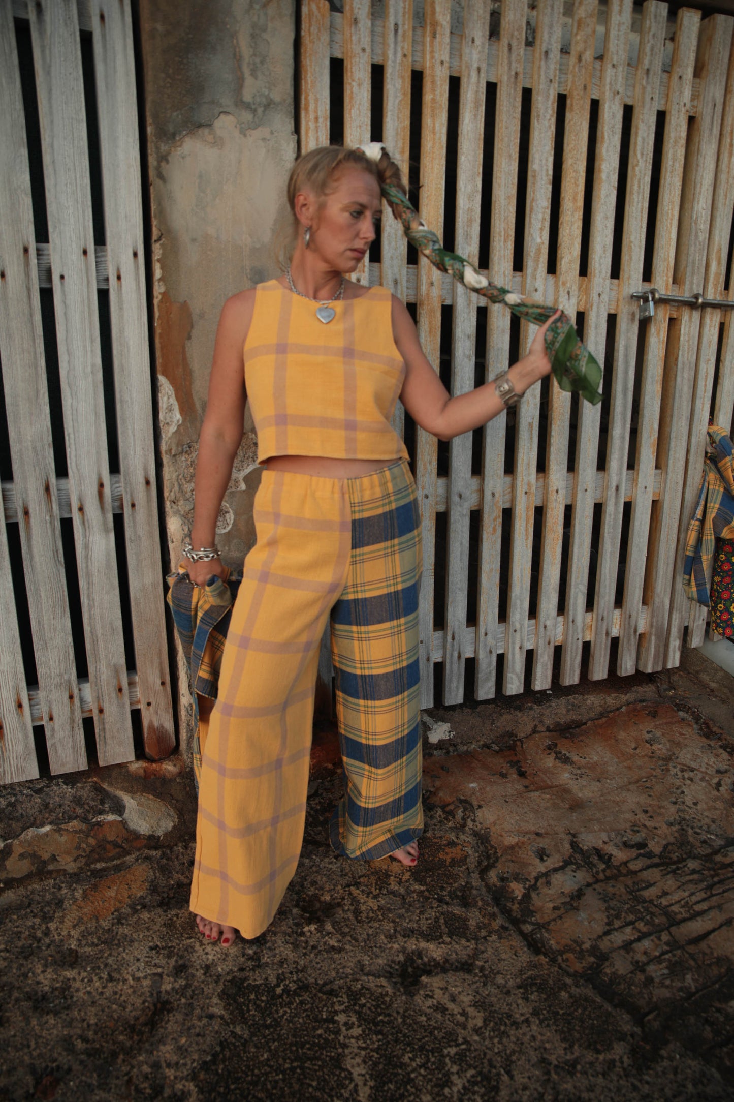 Up-cycled vintage cotton 3 piece set top and pants and short jackets set made from vintage textiles patch together with a yellow and blue checked design.