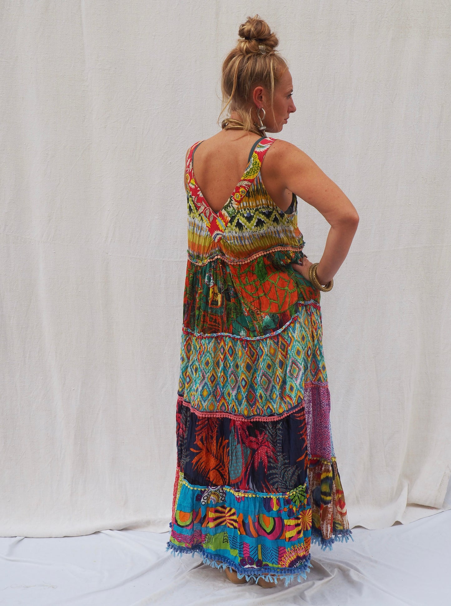 Cotton Patchwork Maxi Dress with Beadwork Embellishment