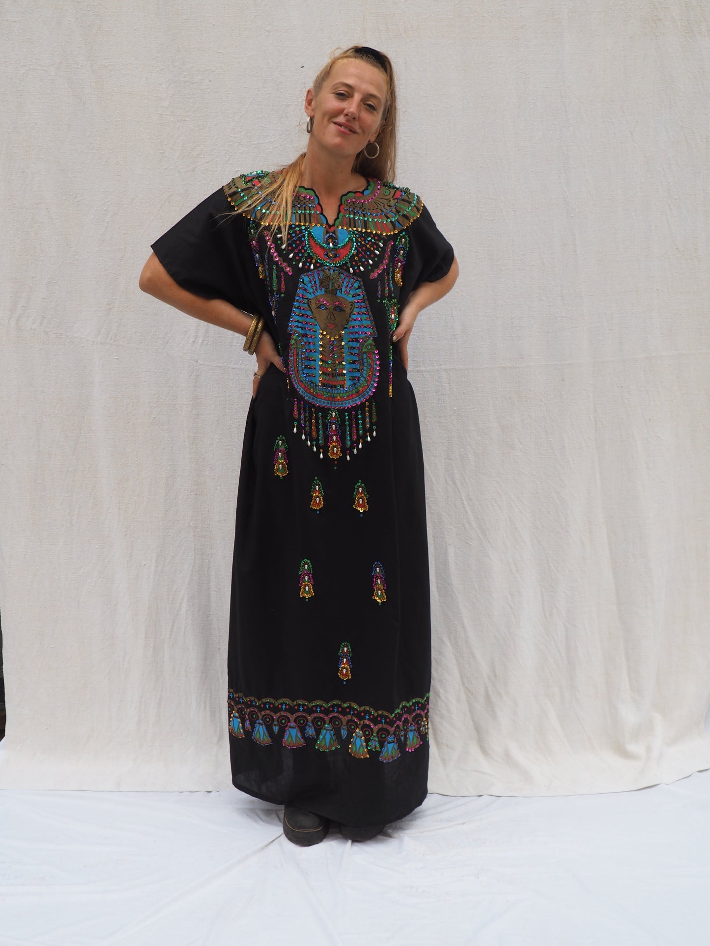 Vintage Black Kaftan with printed bead and Gold Detail