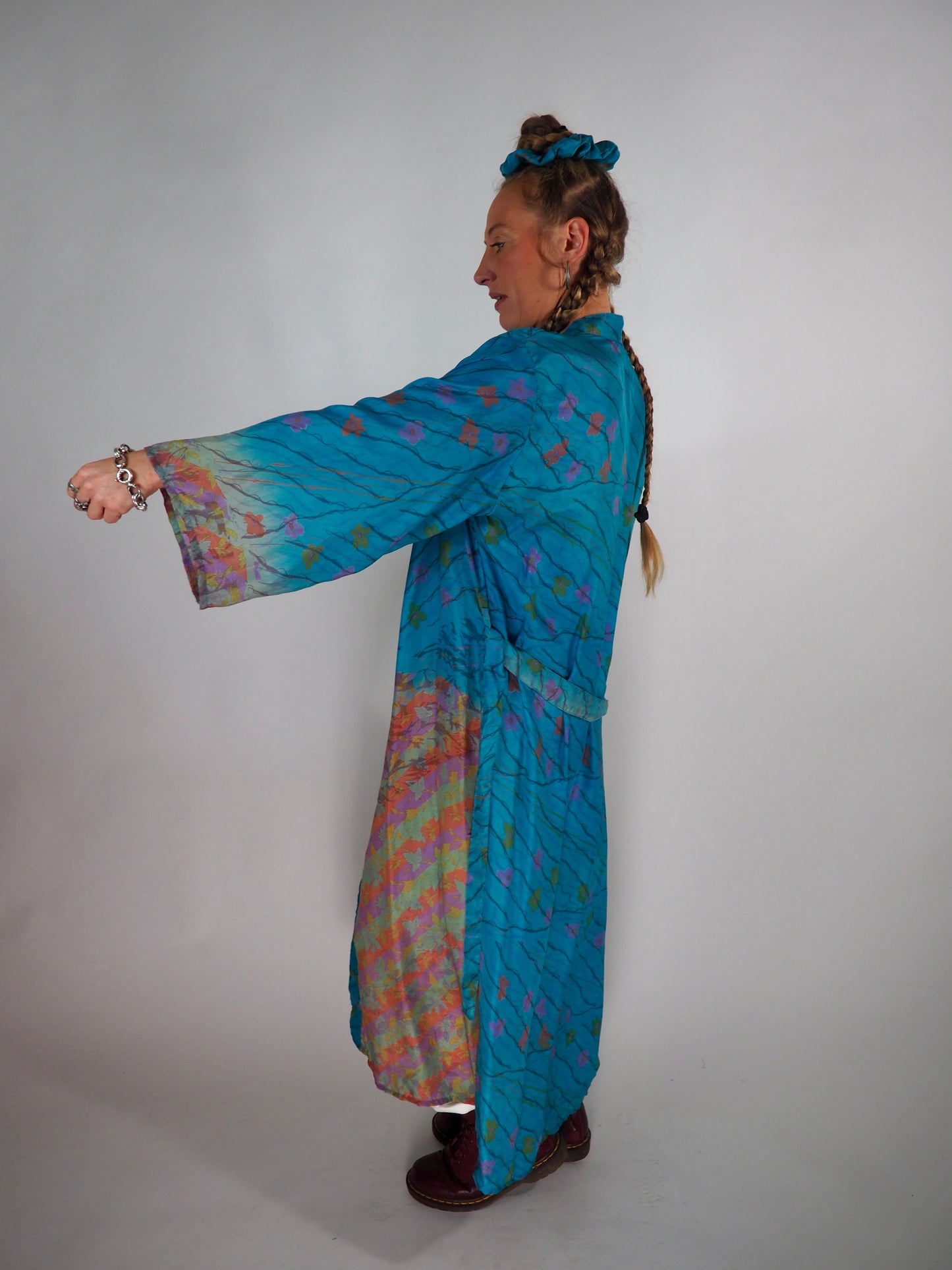 The Kardash Long Kimono – Up-cycled Vintage Sari long Kimono Robe with Waist Tie + Matching Scrunchy & Storage Bag