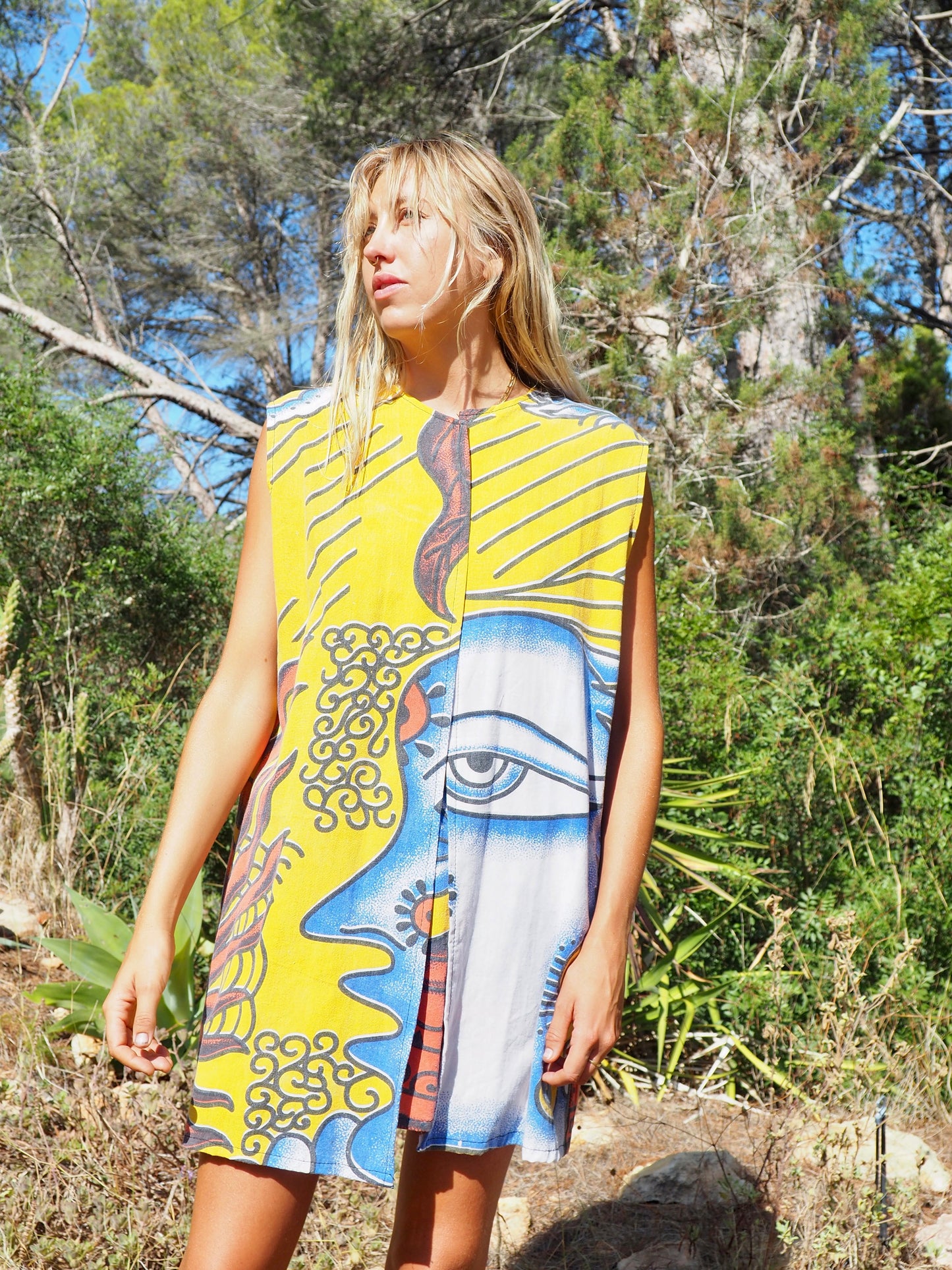 Up-cycled cotton funky bright colourful printed long waistcoat by Vagabond Ibiza