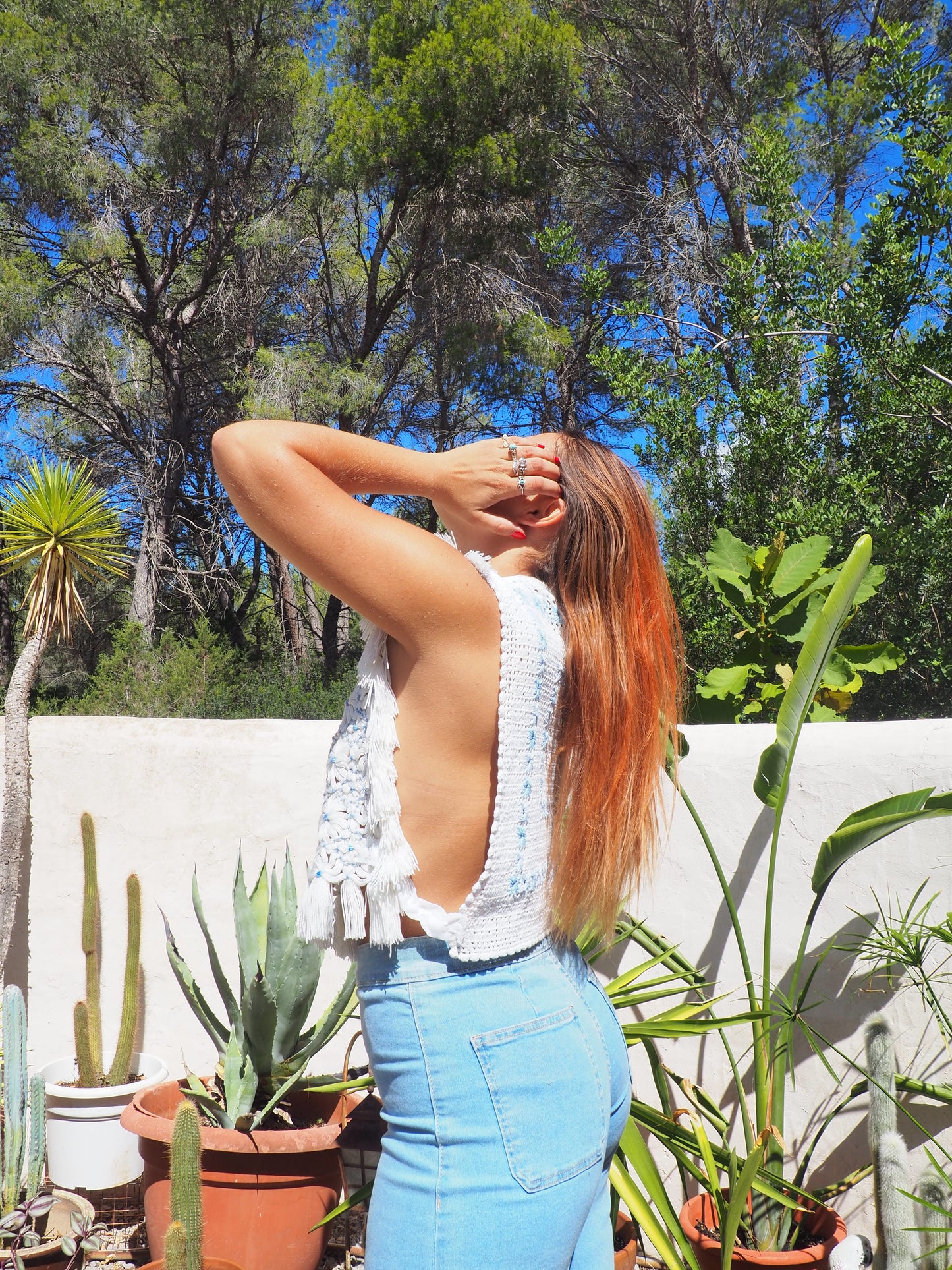 Reversals up-cycled white and baby blue crochet top by Vagabond Ibiza