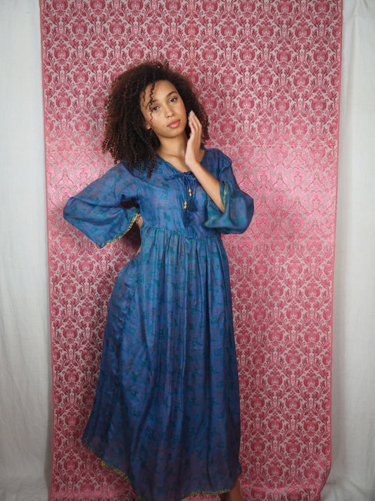 The Vadella Up-cycled Vintage Re-cycled Sari Maxi Dress – Sustainable Boho Dress with Tie Neck Detail + Matching Scrunchy & Bag