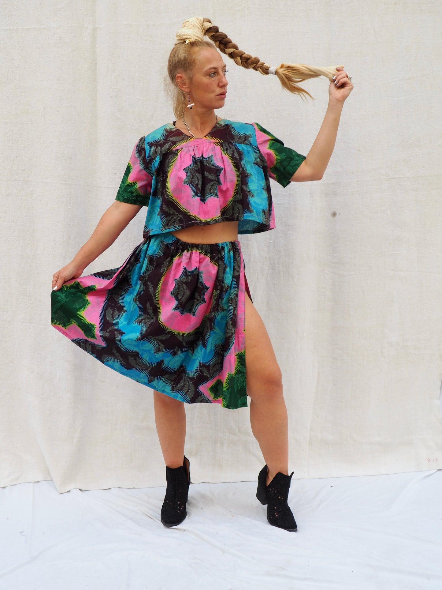 Upcycled Boho Two-Piece Set by Vagabond Ibiza – Sustainable Cotton Crop Top and Skirt with Side Slit