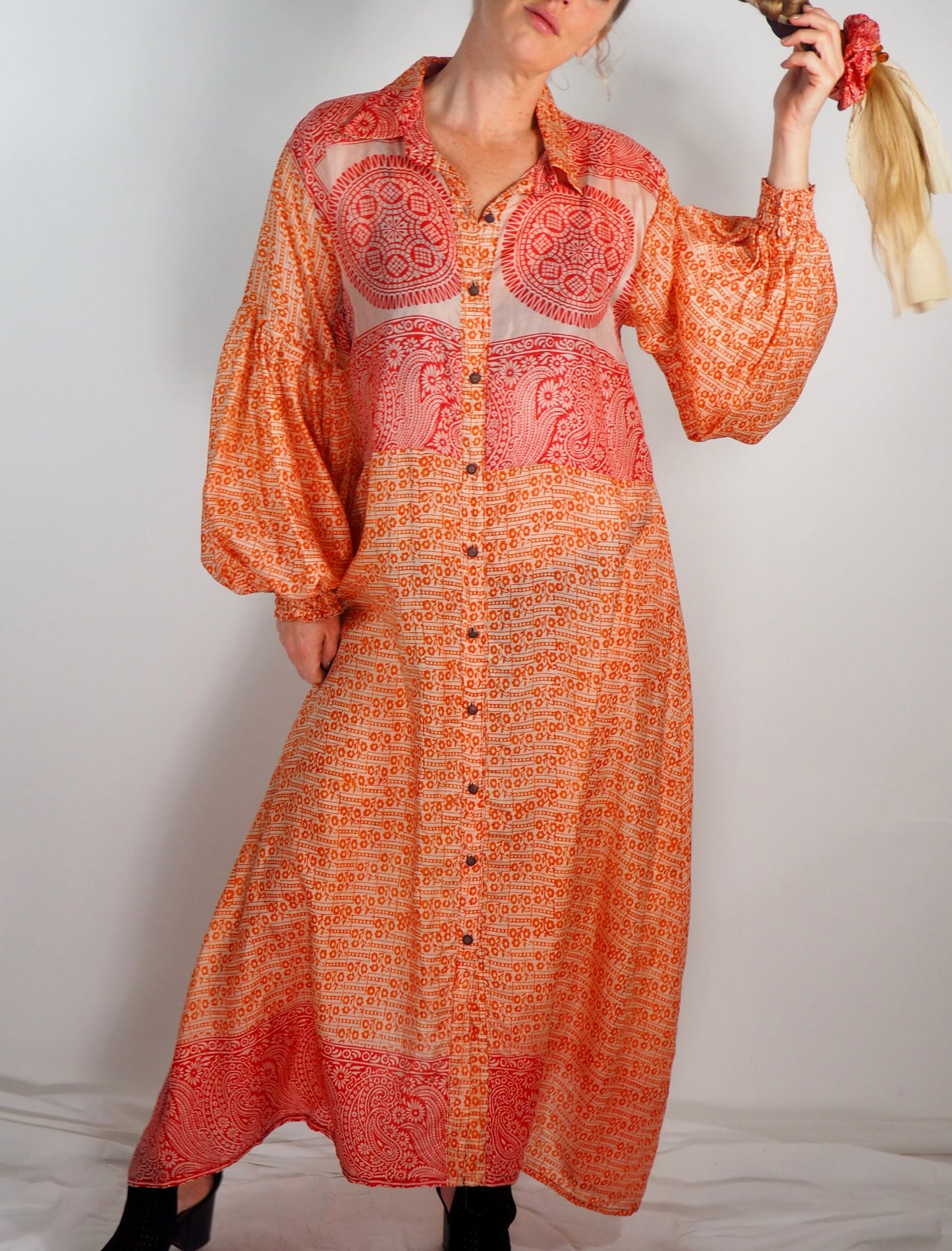 The Lenya Up-cycled Vintage Sari Dress – Sustainable Boho Dress with Oversized Sleeves Matching Scrunchy & Storage Bag