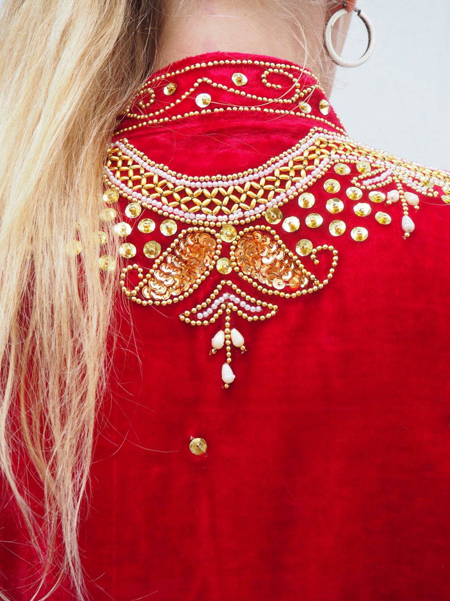 Vintage 1980s Red Velvet Jacket with Gold Sequin and Beaded Detailing