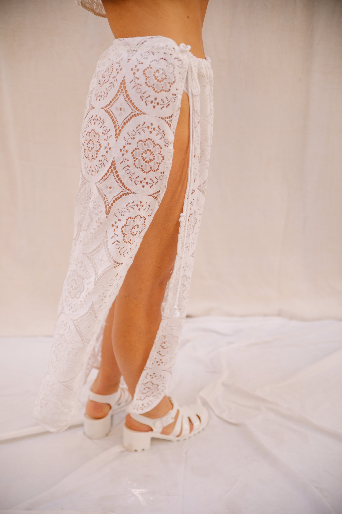 Upcycled Vintage Lace Wrap-Around Skirt with Side Splits – Handmade by Vagabond Ibiza