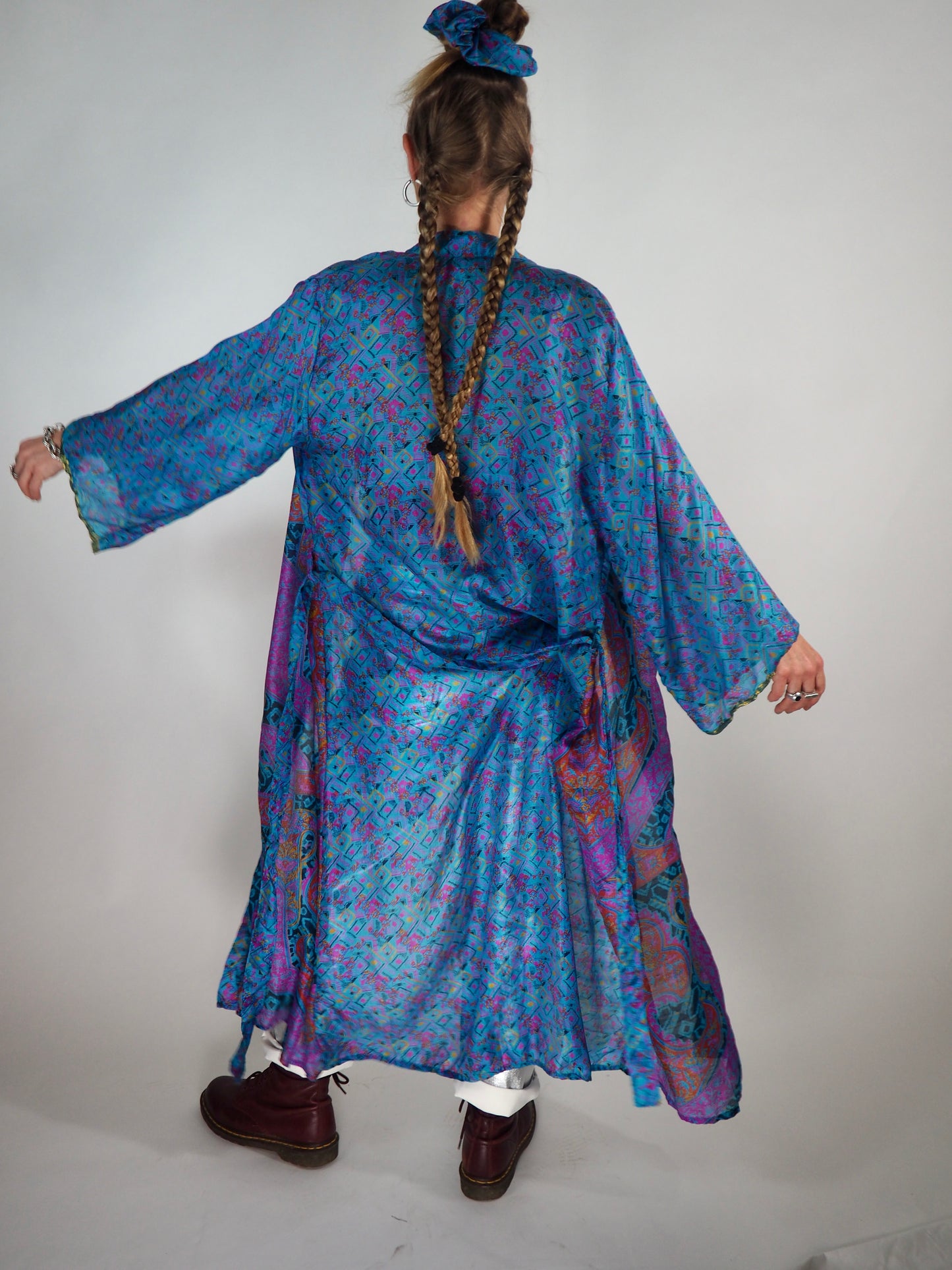 The Kardash Long Kimono – Up-cycled Vintage Sari long Kimono Robe with Waist Tie + Matching Scrunchy & Storage Bag