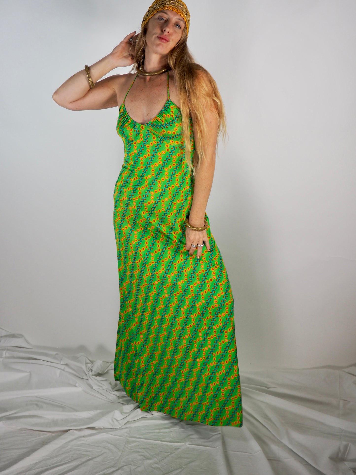 1970s Vintage Maxi Dress - Psychedelic Green Print