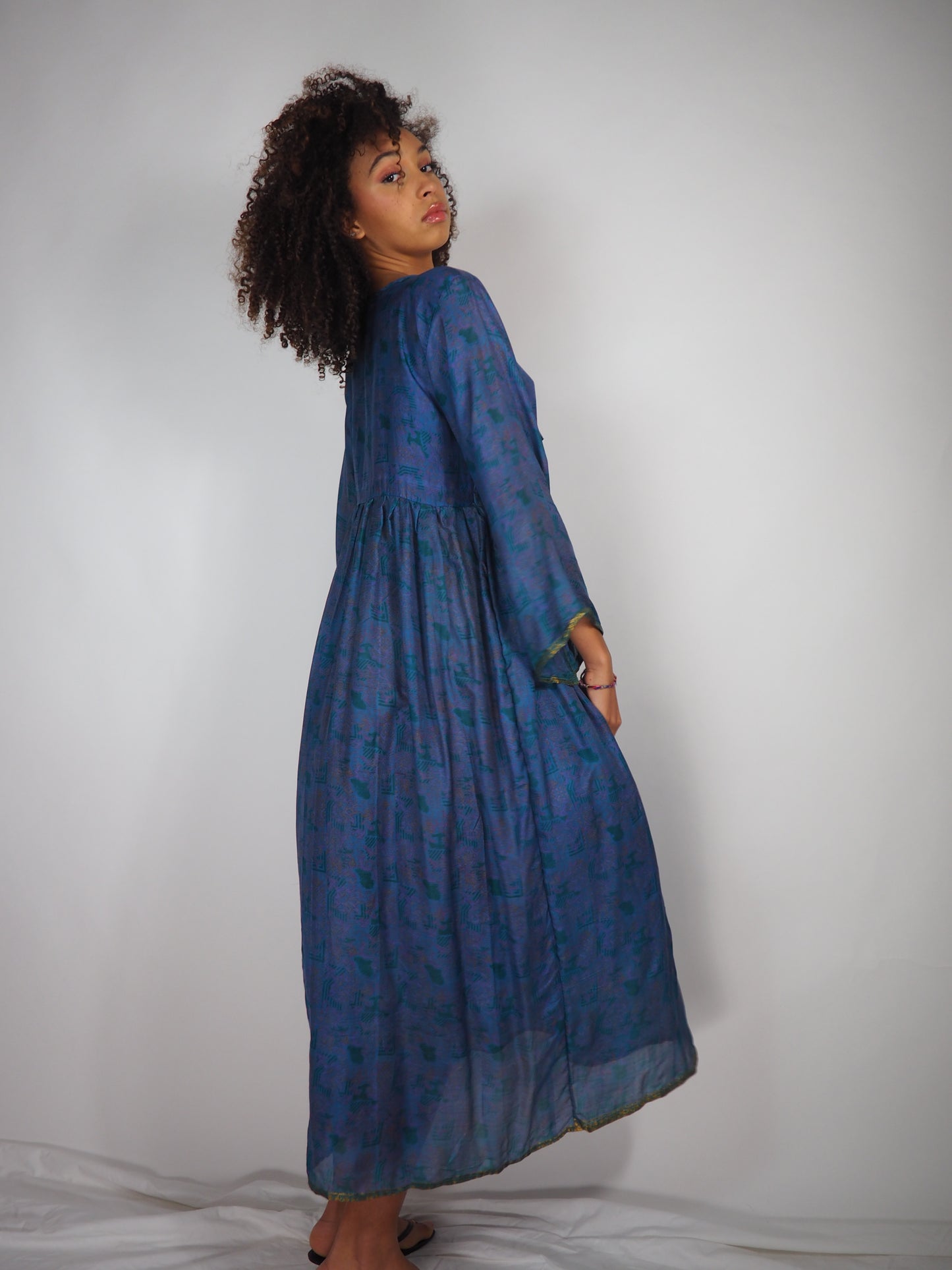 The Vadella Up-cycled Vintage Re-cycled Sari Maxi Dress – Sustainable Boho Dress with Tie Neck Detail + Matching Scrunchy & Bag