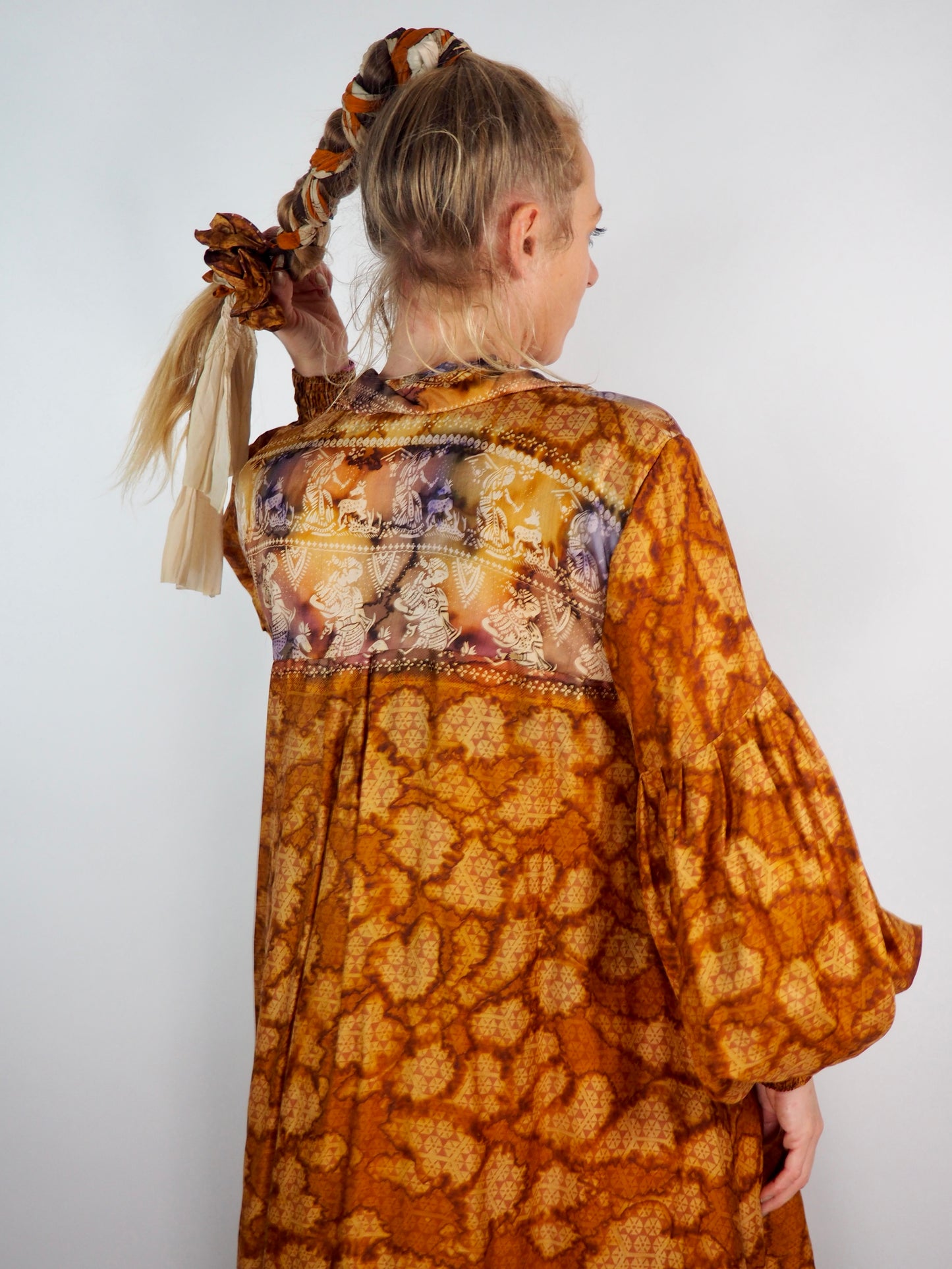 The Lenya Up-cycled Vintage Sari Dress – Sustainable Boho Dress with Oversized Sleeves Matching Scrunchy & Storage Bag