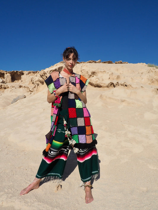 Colourful Vintage crochet waistcoat jacket up-cycled fashion by Vagabond Ibiza