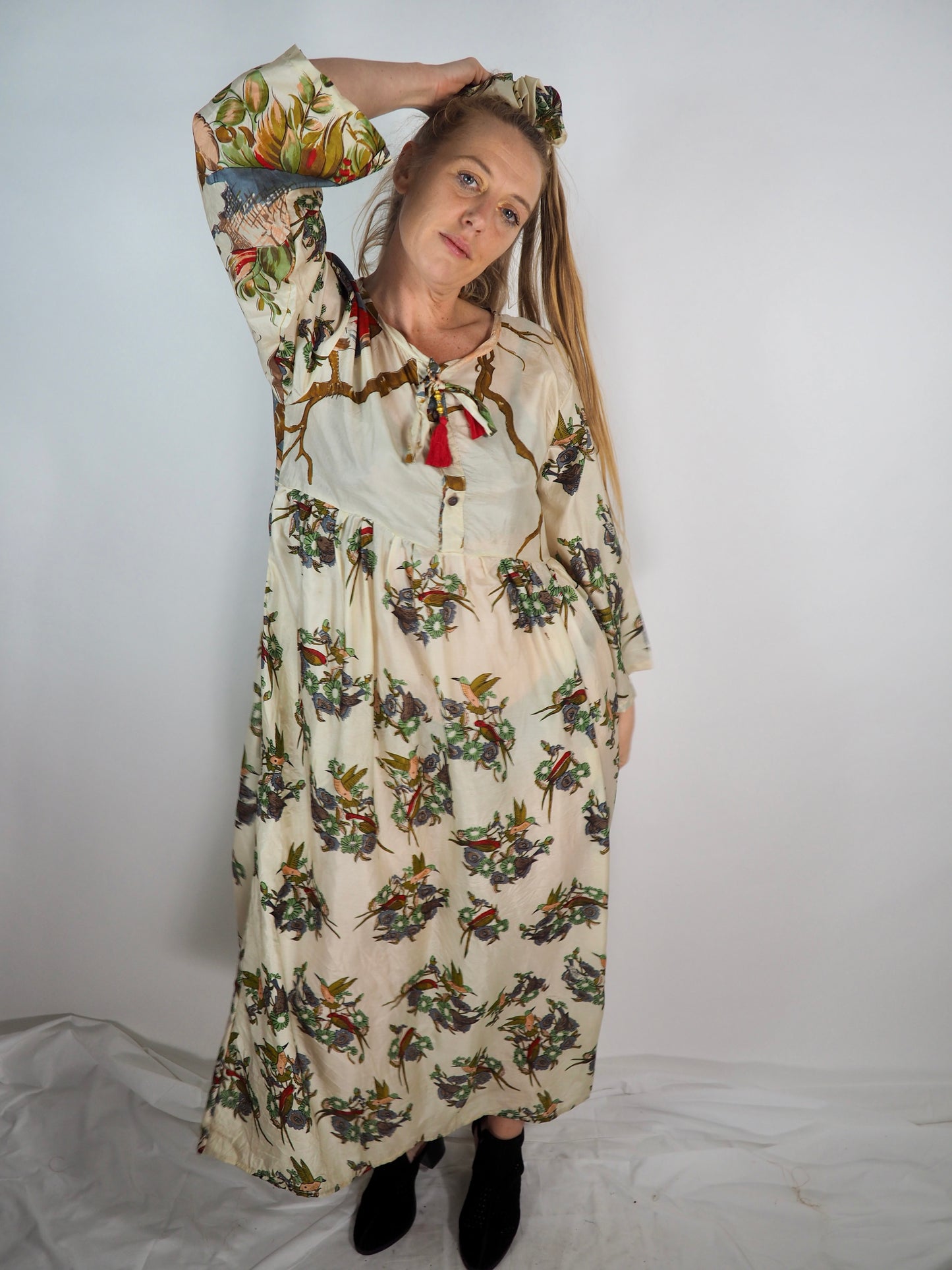 The Vadella Up-cycled Vintage Re-cycled Sari Maxi Dress – Sustainable Boho Dress with Tie Neck Detail + Matching Scrunchy & Bag