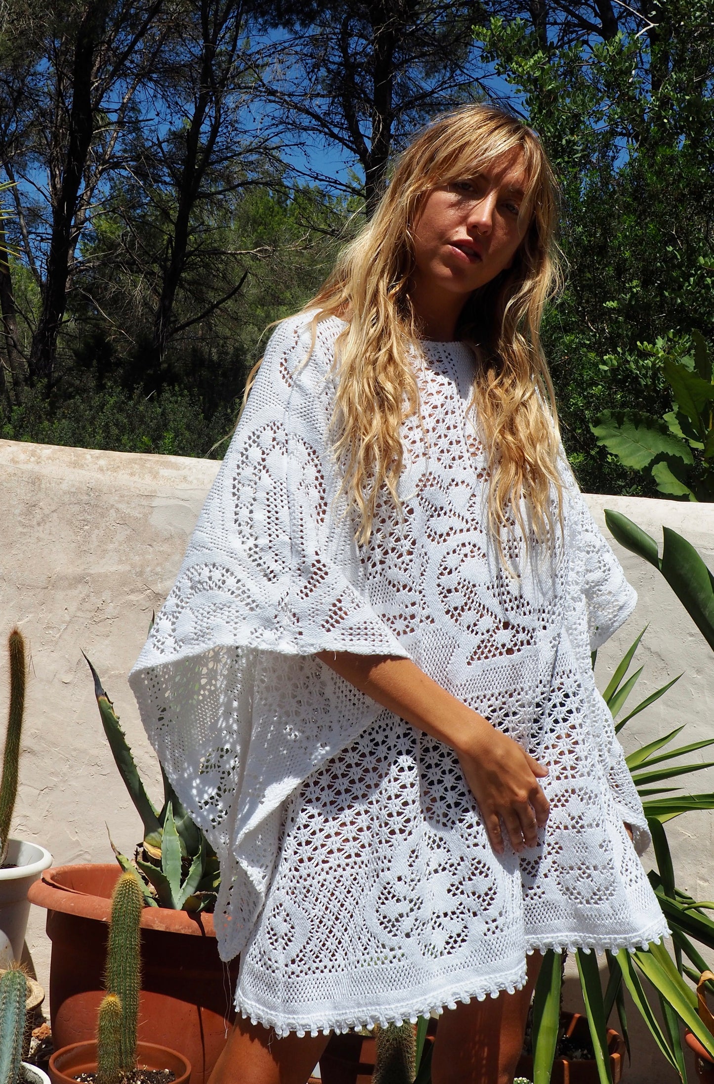 White vintage crochet bell sleeve shirt dress up-cycled by Vagabond Ibiza made in our atelier in Ibiza