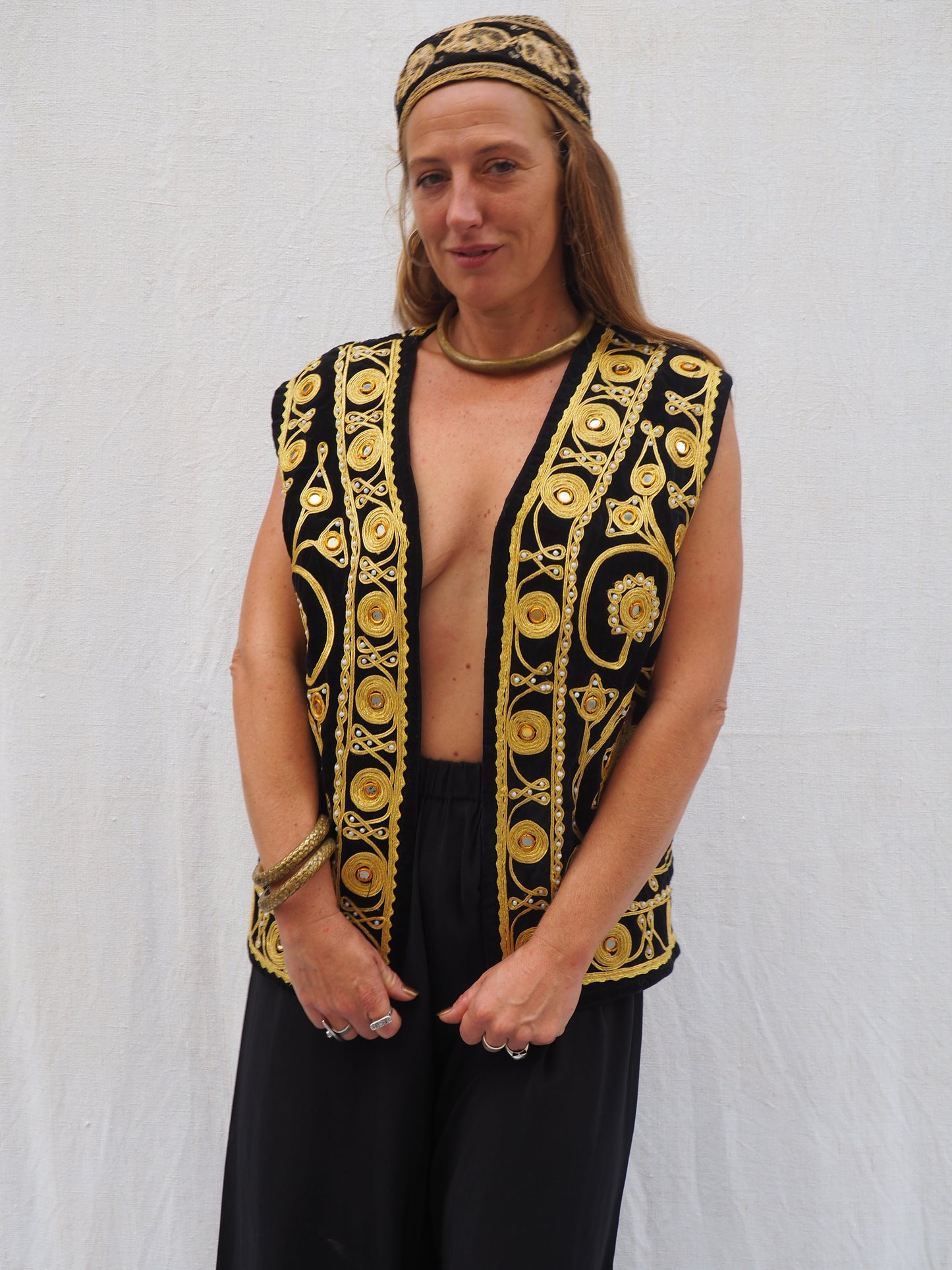 Vintage Black Velvet Waistcoat with Gold Embroidery