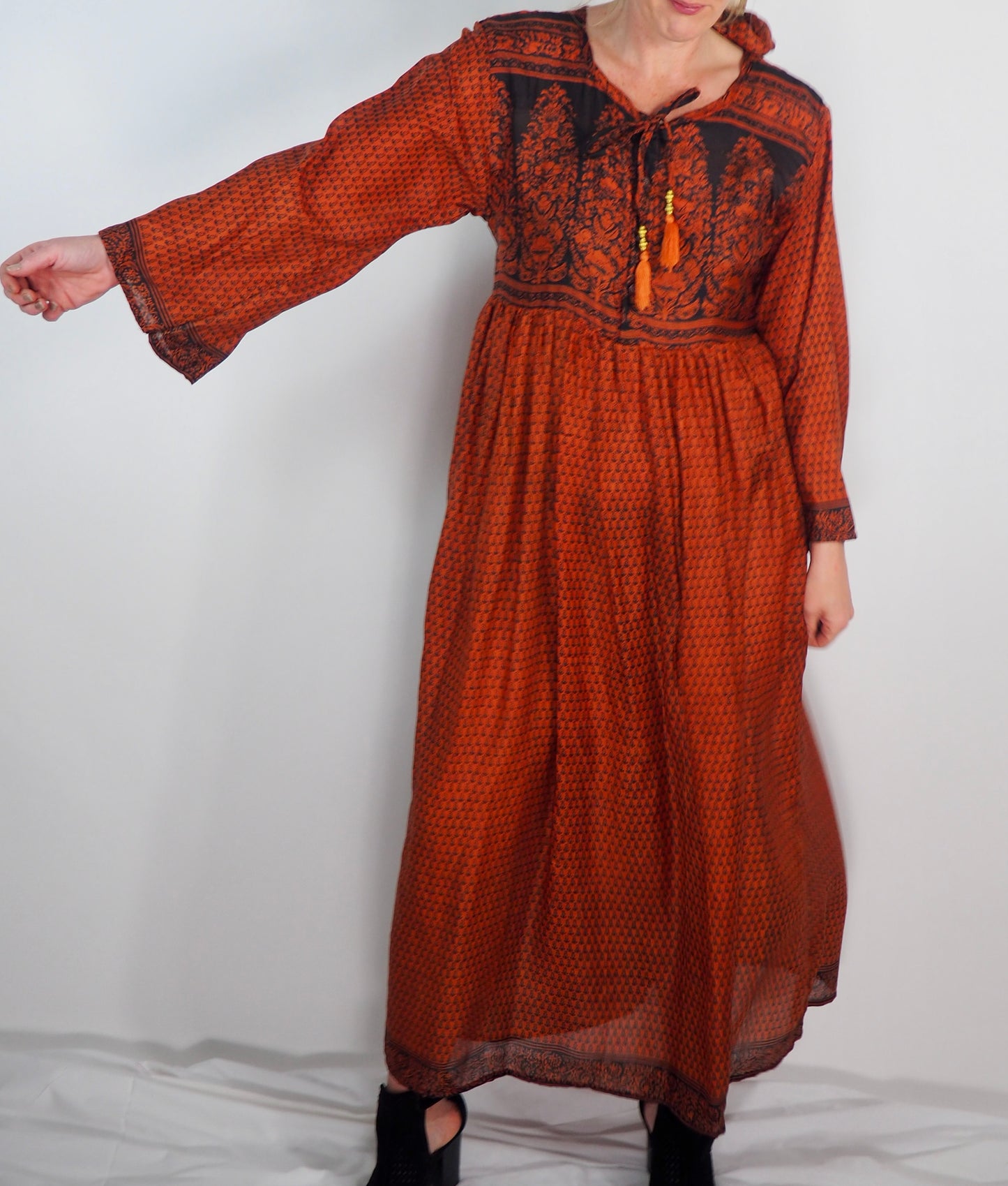 The Vadella Up-cycled Vintage Re-cycled Sari Maxi Dress – Sustainable Boho Dress with Tie Neck Detail + Matching Scrunchy & Bag