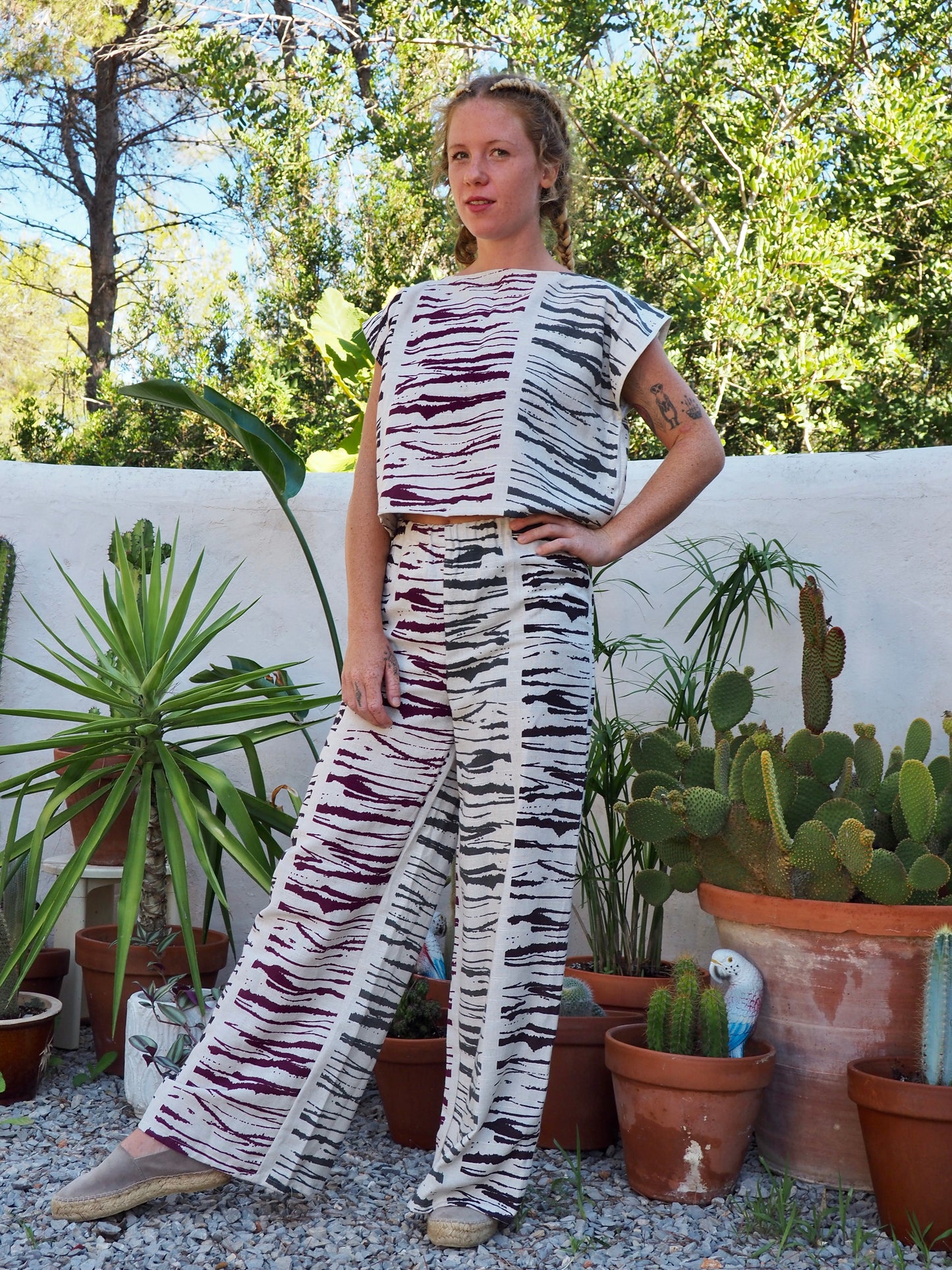 Super nice linen fabric with abstract print up-cycled t-shirt top made by Vagabond Ibiza