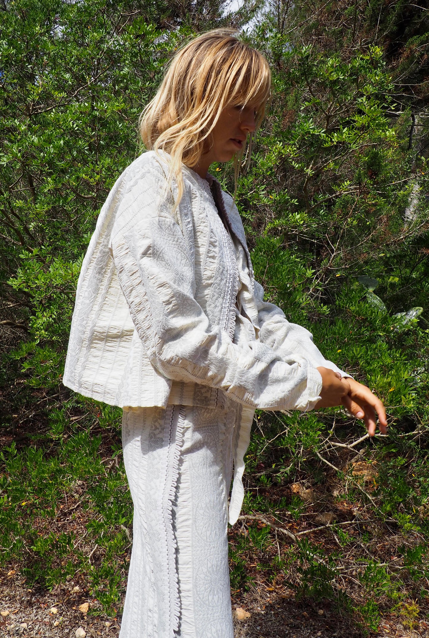Up-cycled heavy cotton woven textile cropped jacket with super cool oversize long sleeves can be worn long as a statement made by Vagabond Ibiza