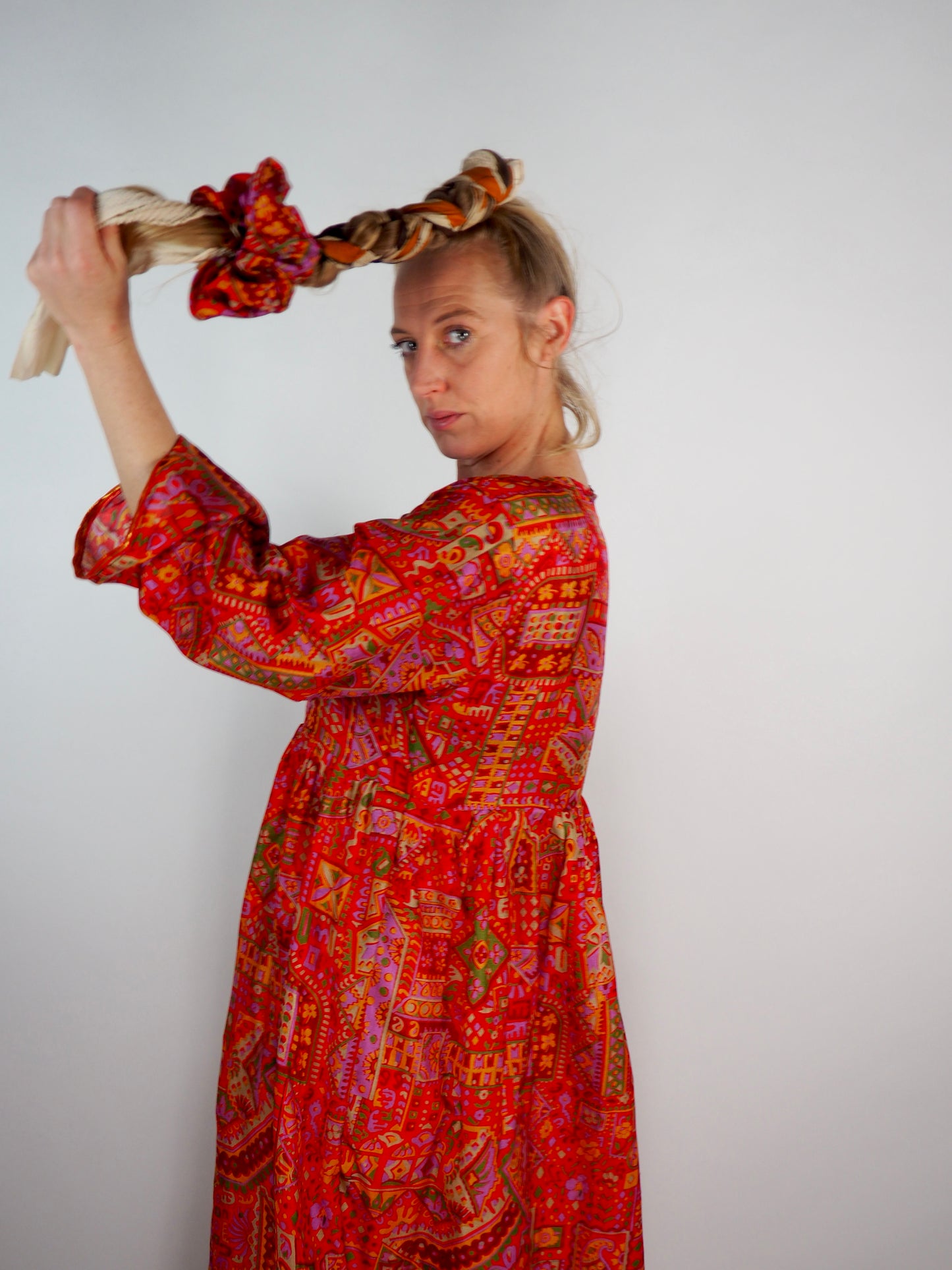 The Vadella Up-cycled Vintage Re-cycled Sari Maxi Dress – Sustainable Boho Dress with Tie Neck Detail + Matching Scrunchy & Bag