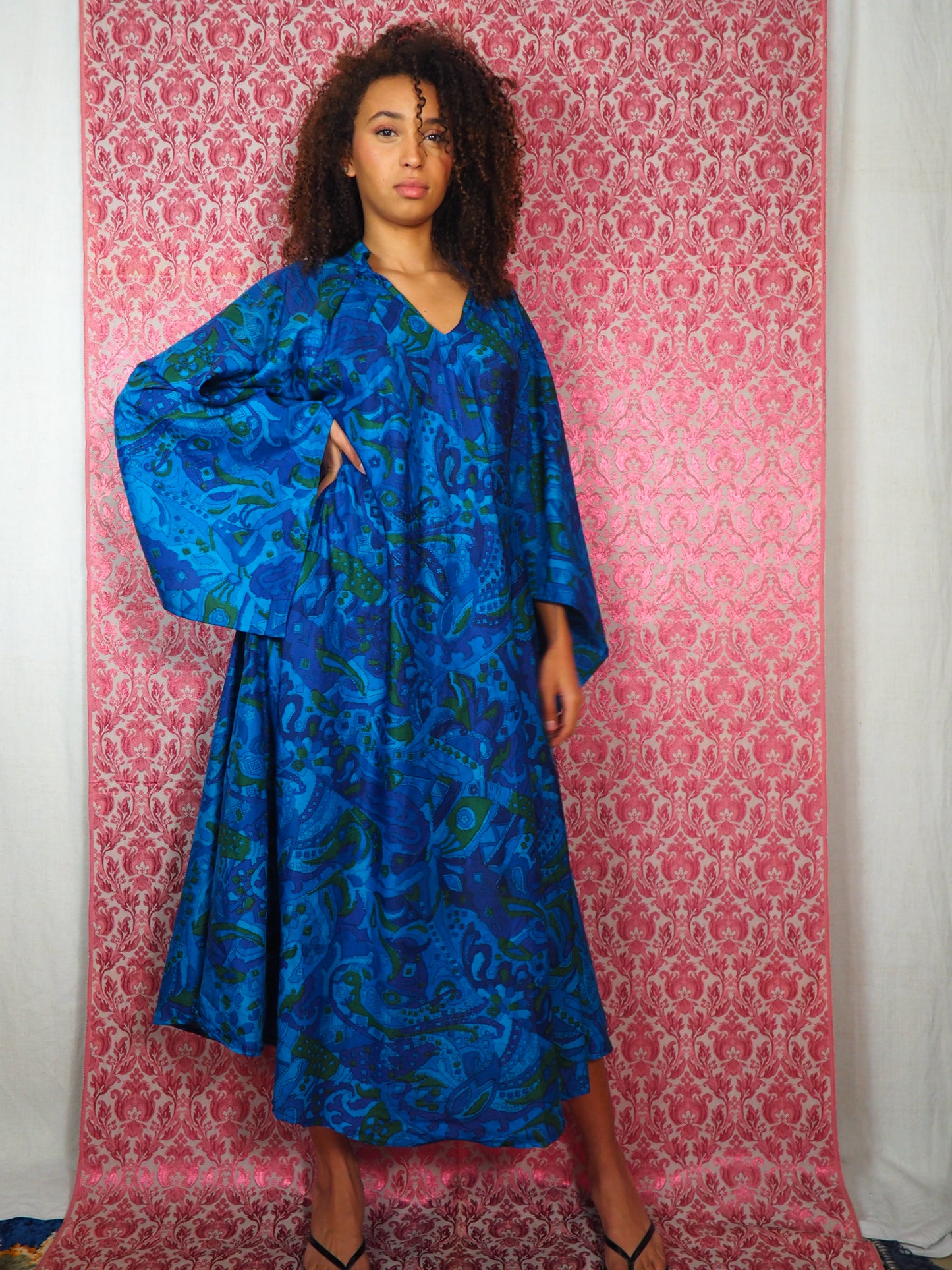 The Diamond Bias-Cut Maxi Dress – Up-cycled Vintage Sari Sustainable Dress with angel Sleeves + Matching Scrunchy & Bag