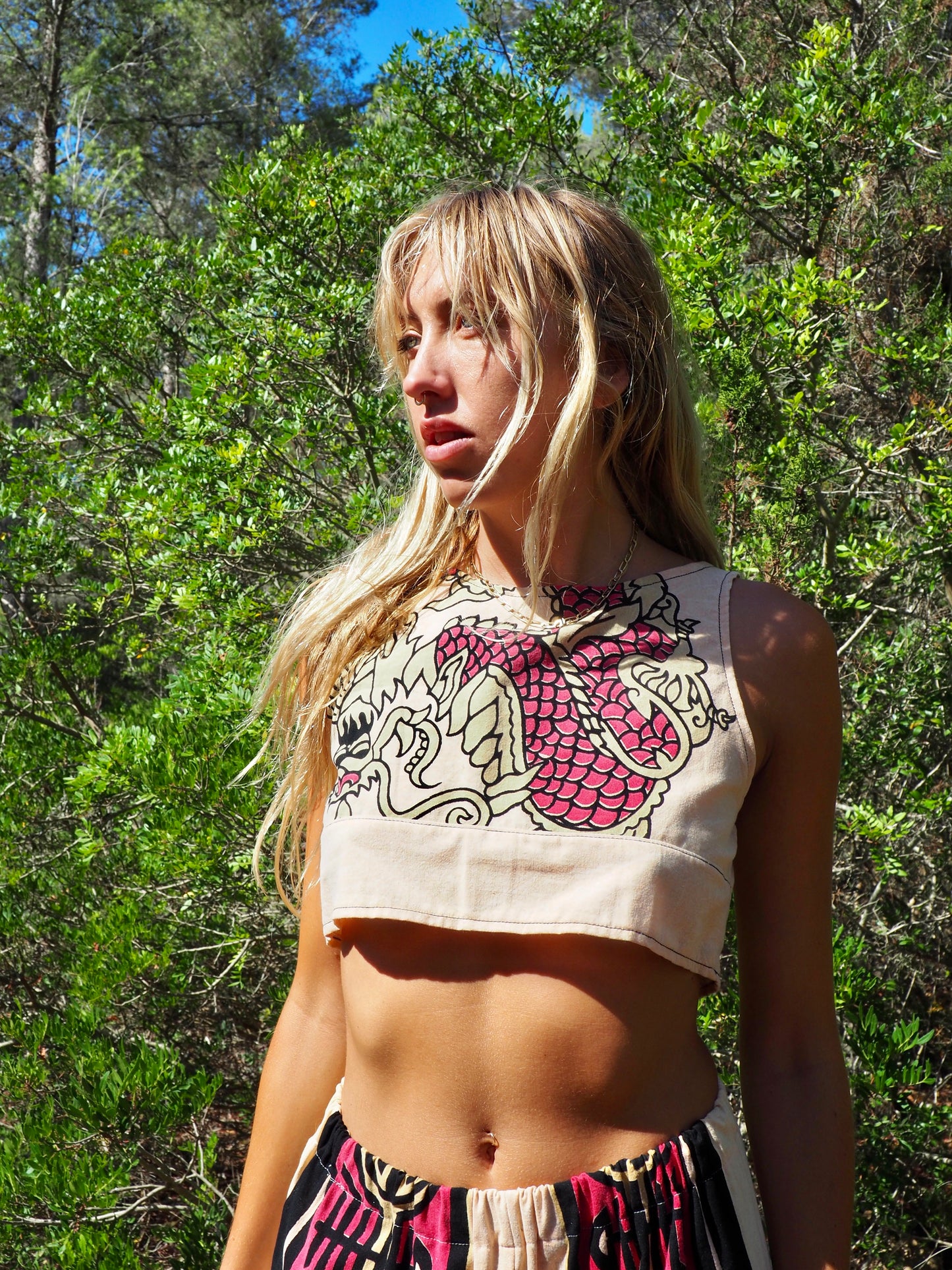 Up-cycled cotton Crop top only pants also available with dragon design by Vagabond Ibiza made