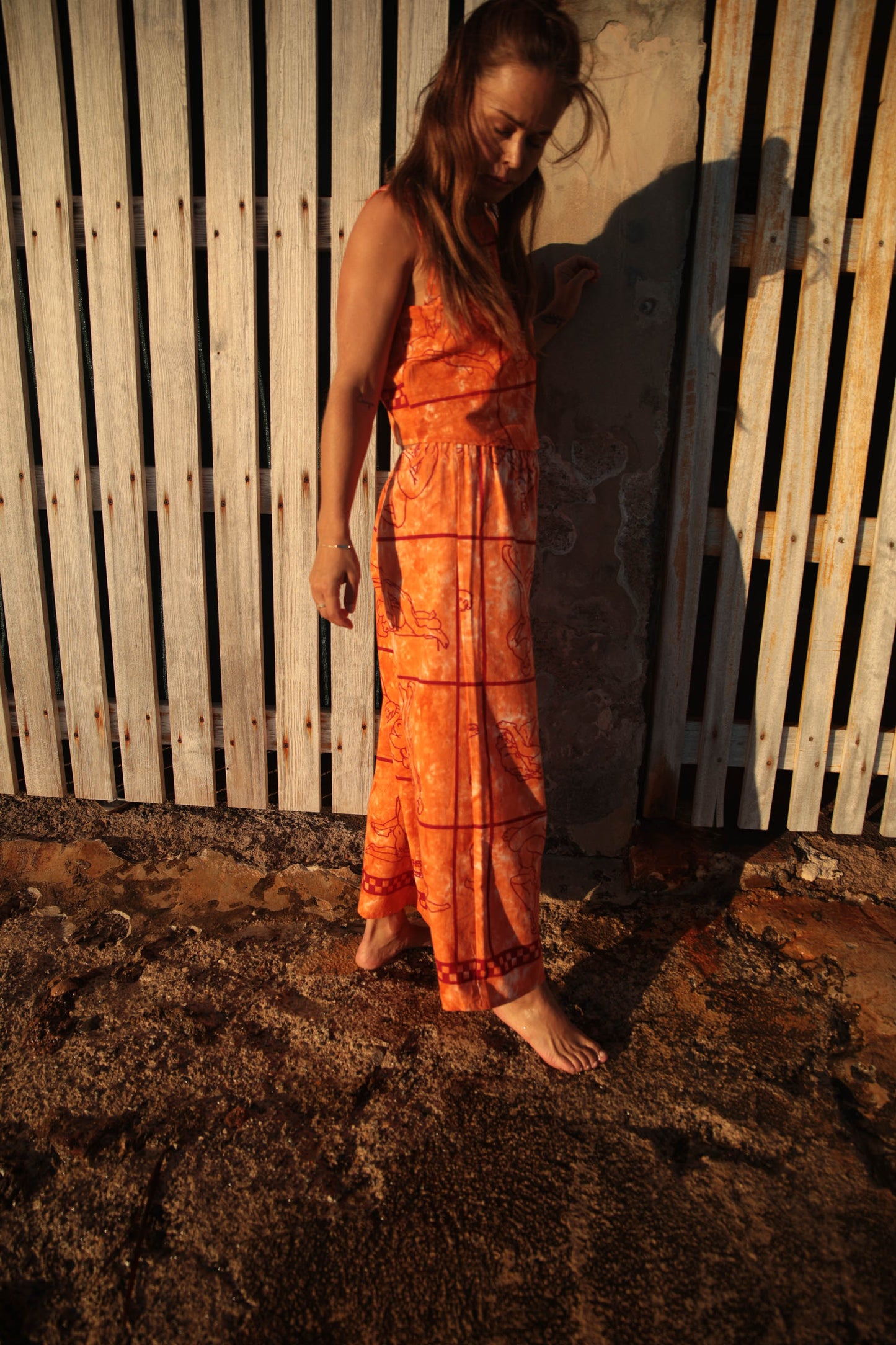 Up-cycled vintage cotton 3 piece set top and pants and mid length kimono cover up with printed karma sutra design in bright orange