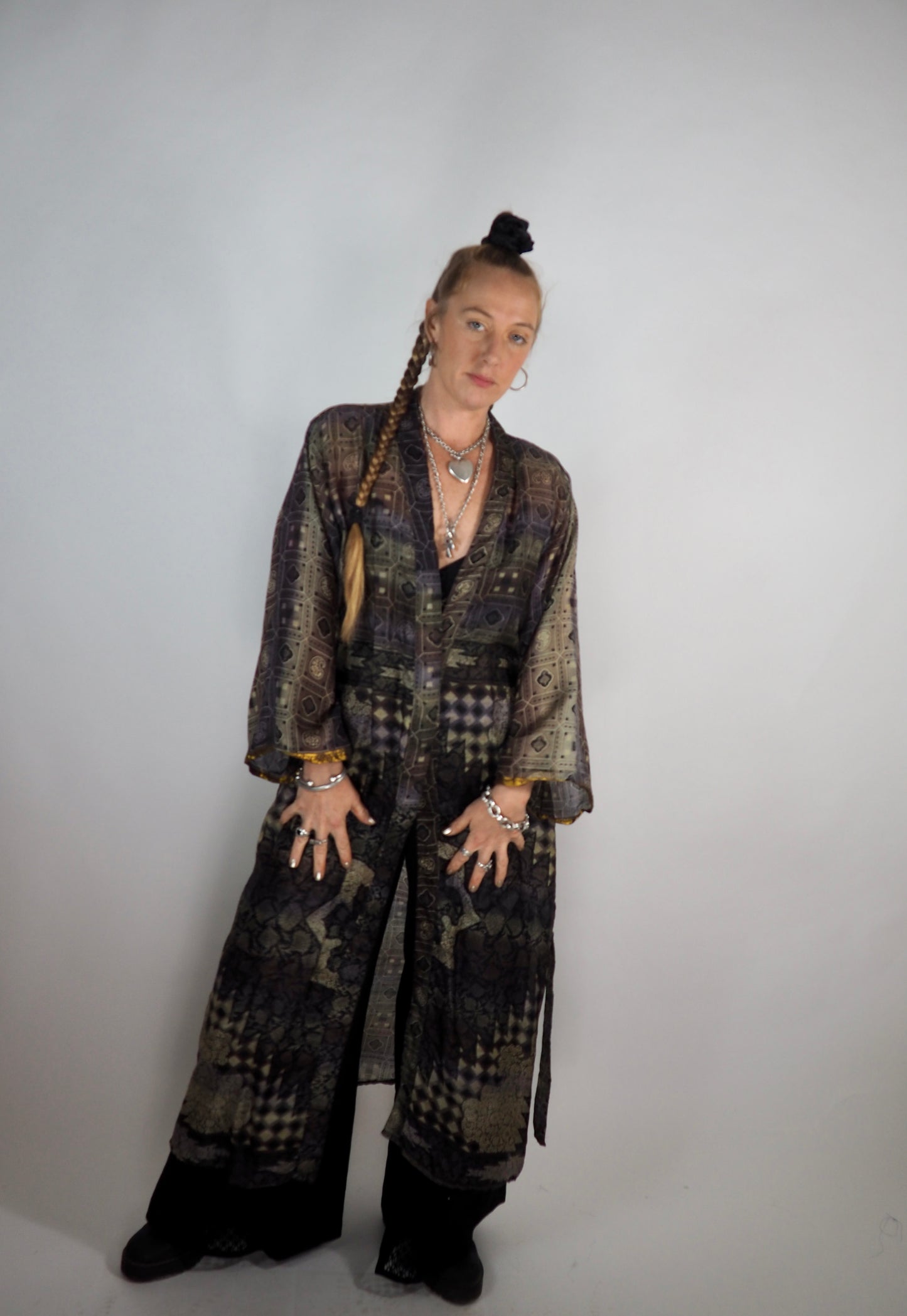 The Kardash Long Kimono – Up-cycled Vintage Sari long Kimono Robe with Waist Tie + Matching Scrunchy & Storage Bag