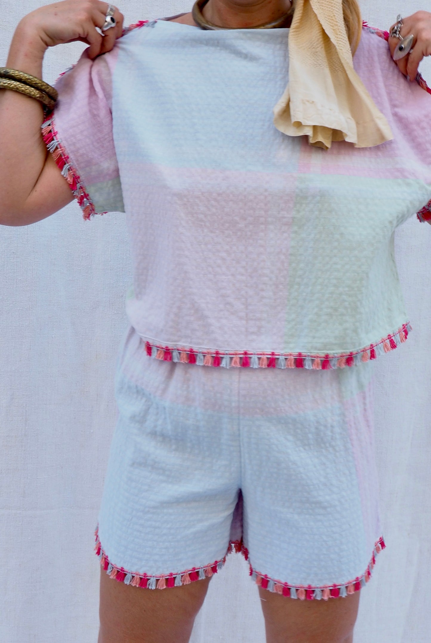 Up-cycled Vintage Cotton Two-Piece Set with Pom-Pom Trim – Handmade by Vagabond Ibiza