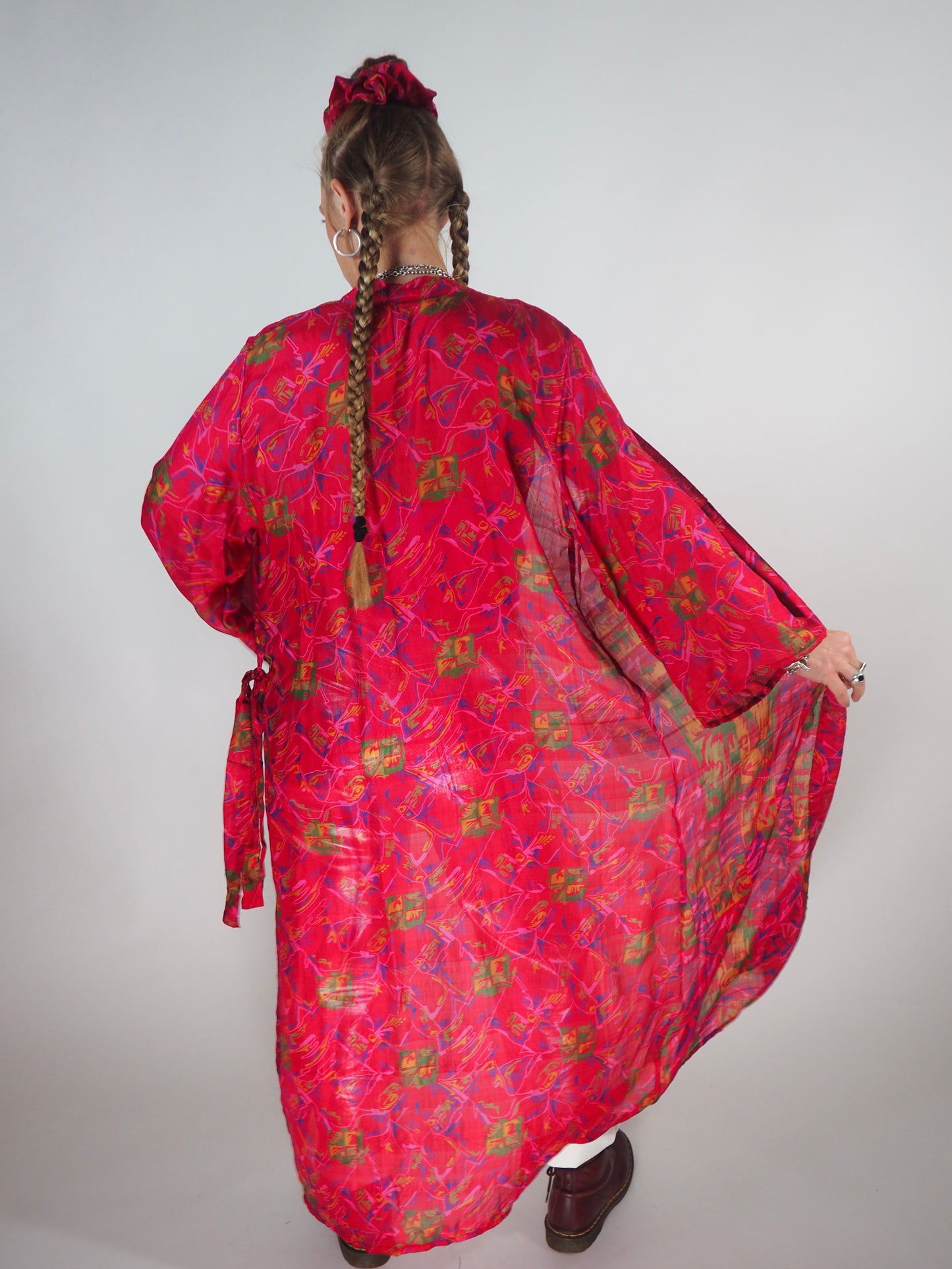 The Kardash Long Kimono – Up-cycled Vintage Sari long Kimono Robe with Waist Tie + Matching Scrunchy & Storage Bag