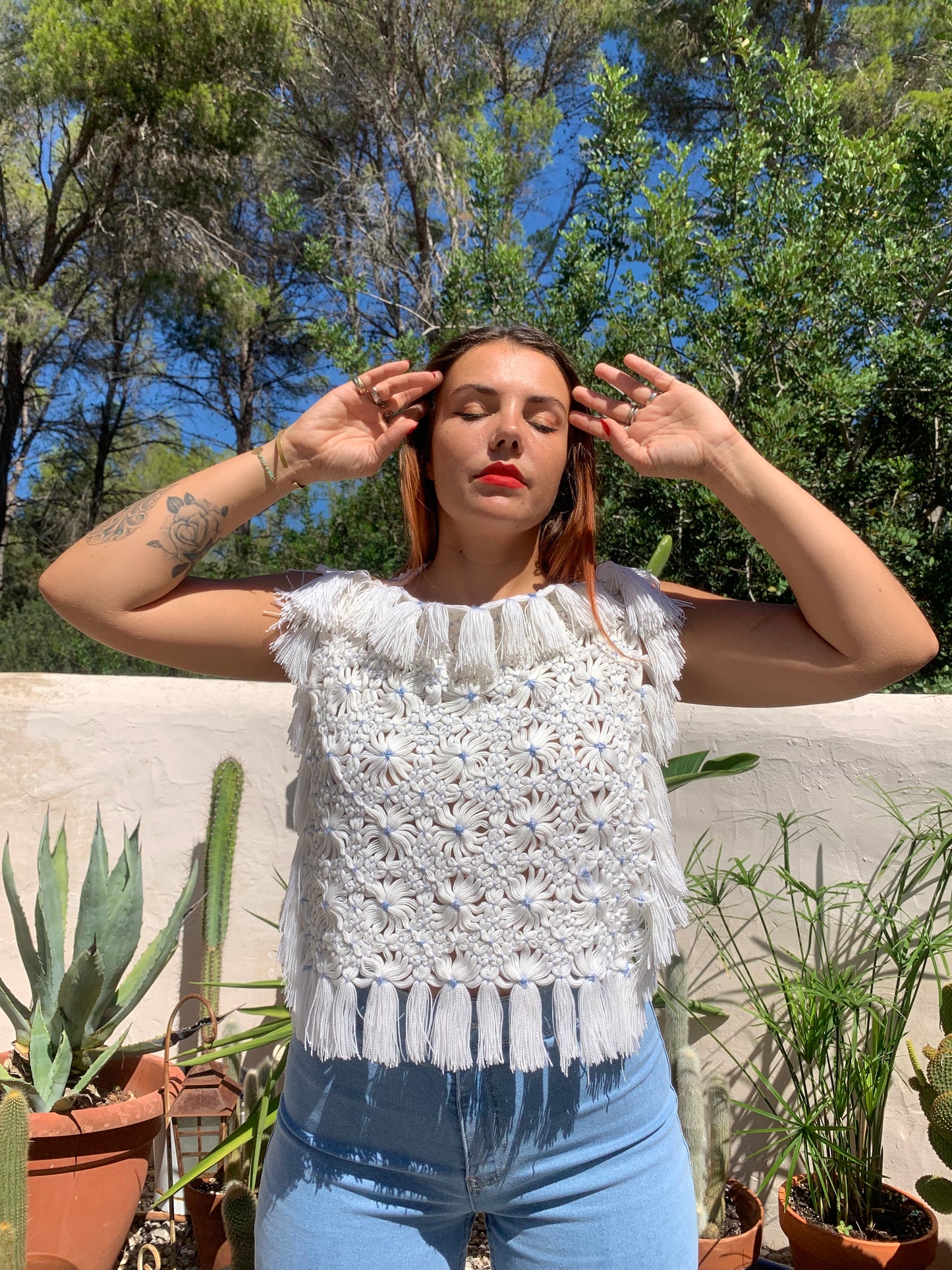 Reversals up-cycled white and baby blue crochet top by Vagabond Ibiza